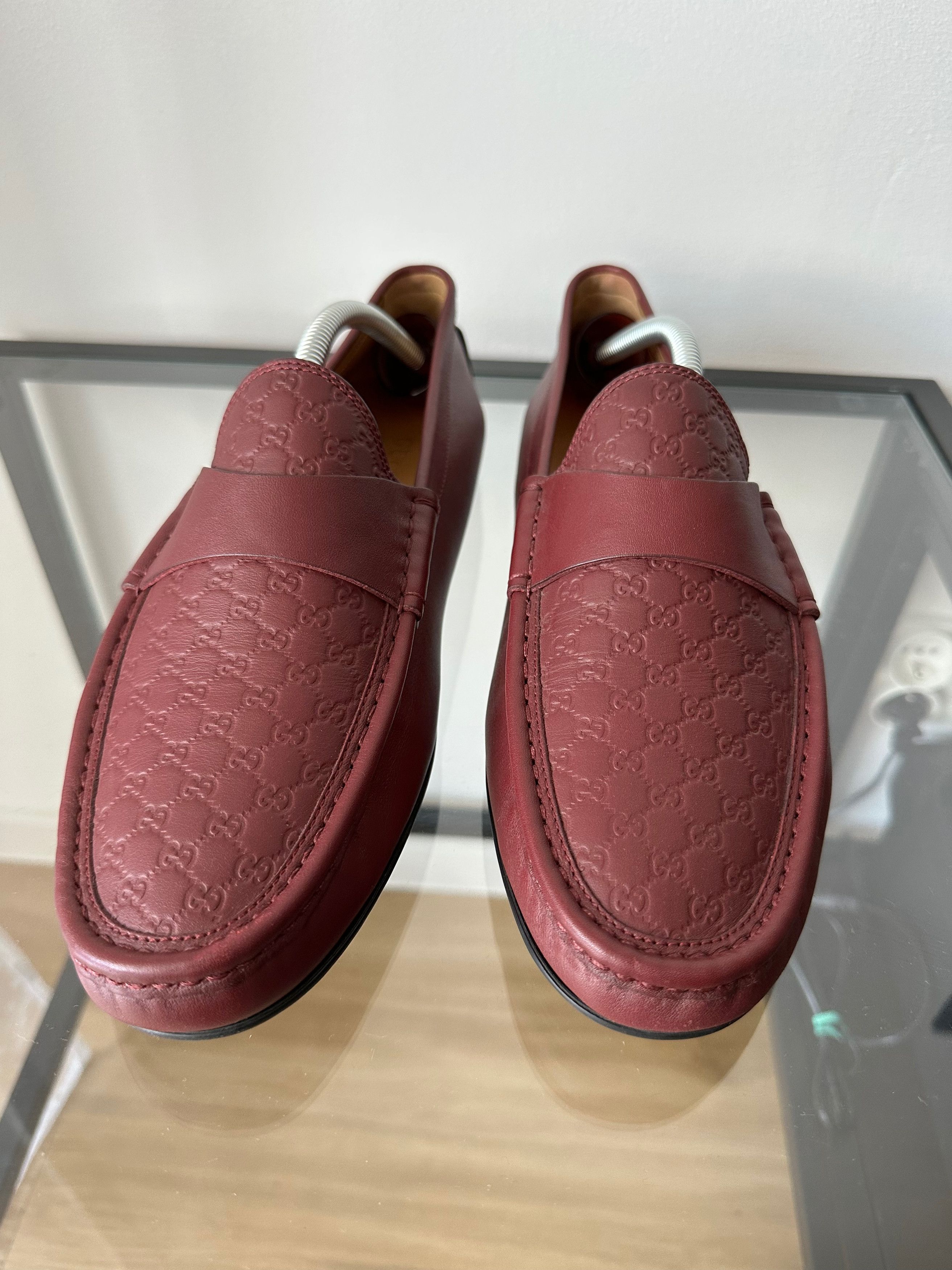 image of Gucci Driving Shoes Moccasin Loafers Leather Logo GG in Burgundy, Men's (Size 9)