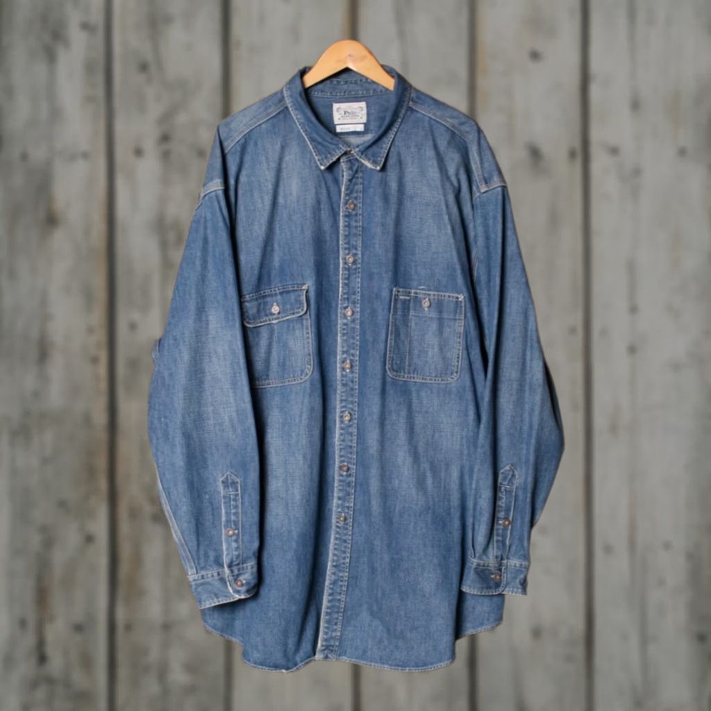 Polo Ralph Lauren VINTAGE Polo Ralph Lauren Blue Chambray Denim Button Front Shirt 4XLT Men Long Sleeve Size 4XLT Size US XXL / EU 58 / 5 - 1 Thumbnail