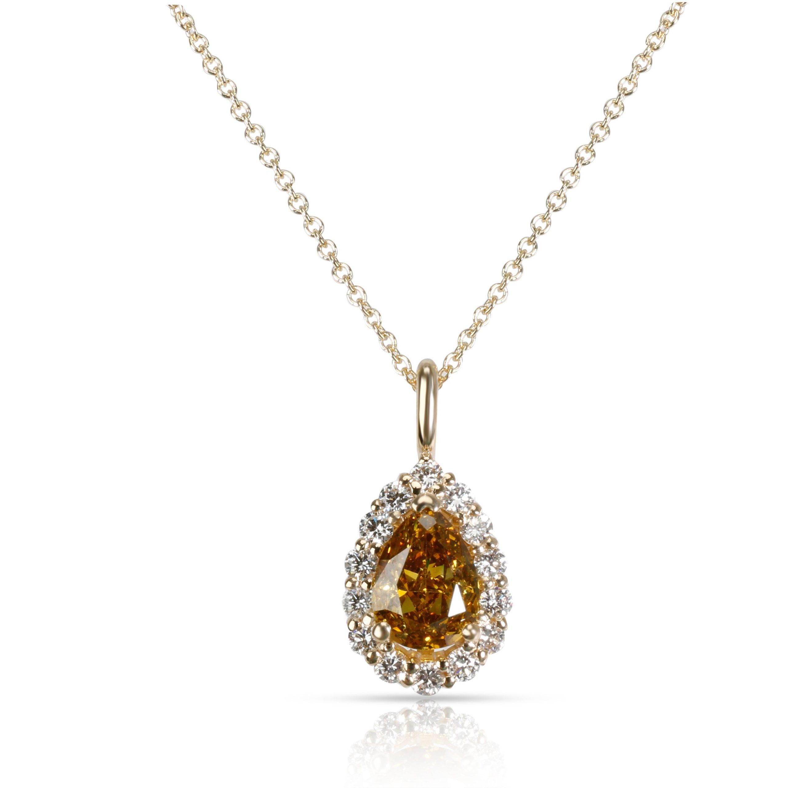 image of Tiffany Co Gia Fancy Deep Brown Yellow Pear Diamond Halo Necklace In 14Kt Gold 1.32 Ctw, Women's