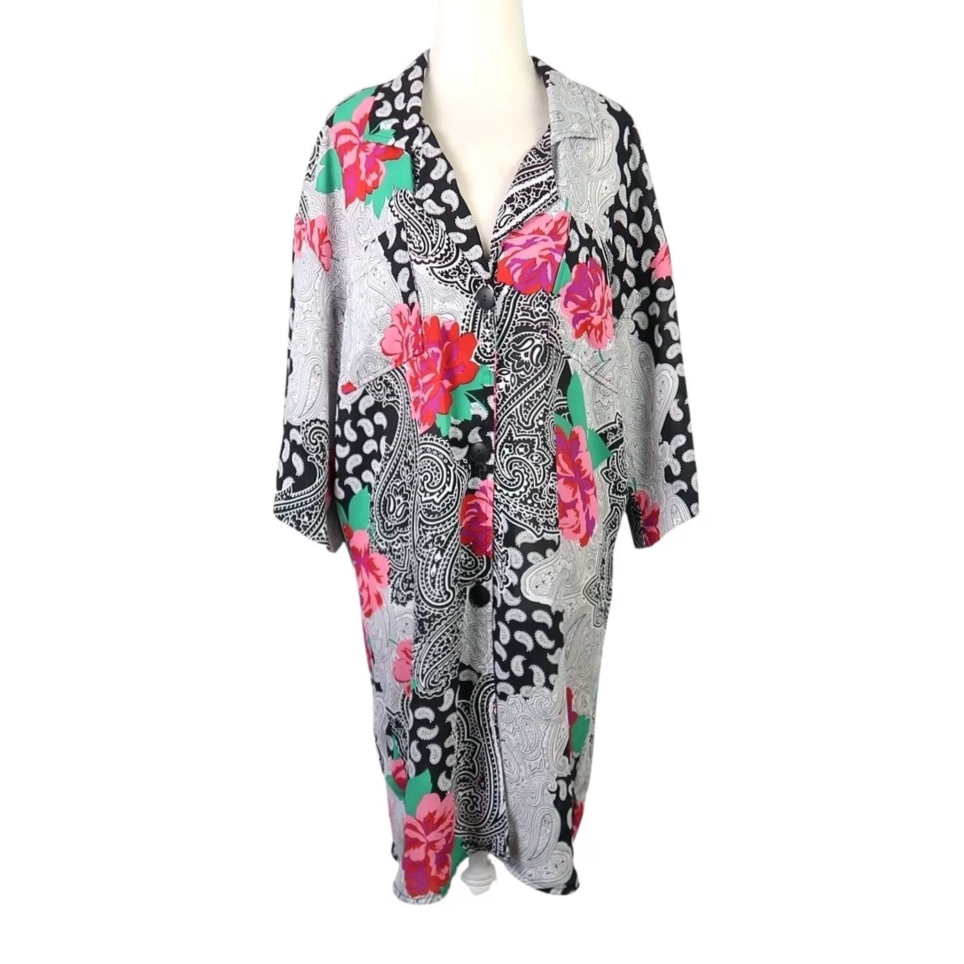 Pinko VINTAGE 80s KH II White Black Pink Floral Tunic Top Blouse Short Sleeve 12 Women Bohemian Casual Size XL / US 12-14 / IT 48-50 - 2 Thumbnail
