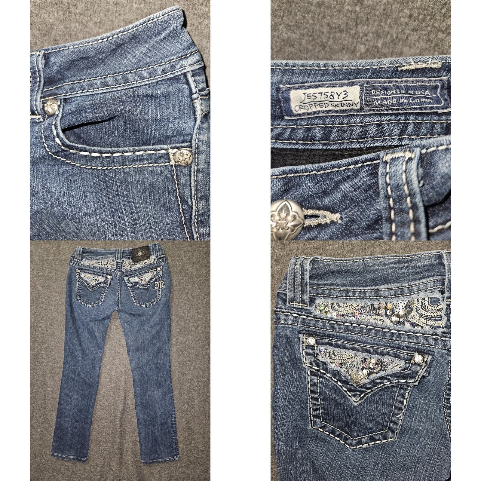 Miss Me Miss Me Jeans Womens 28 Cropped Skinny JE5758Y3 Embellished Rhinestone Sequin Embroidered Logo Patch Denim Jeans Blue 5-Pocket City Glam Womens Size 28" / US 6 / IT 42 - 8 Thumbnail