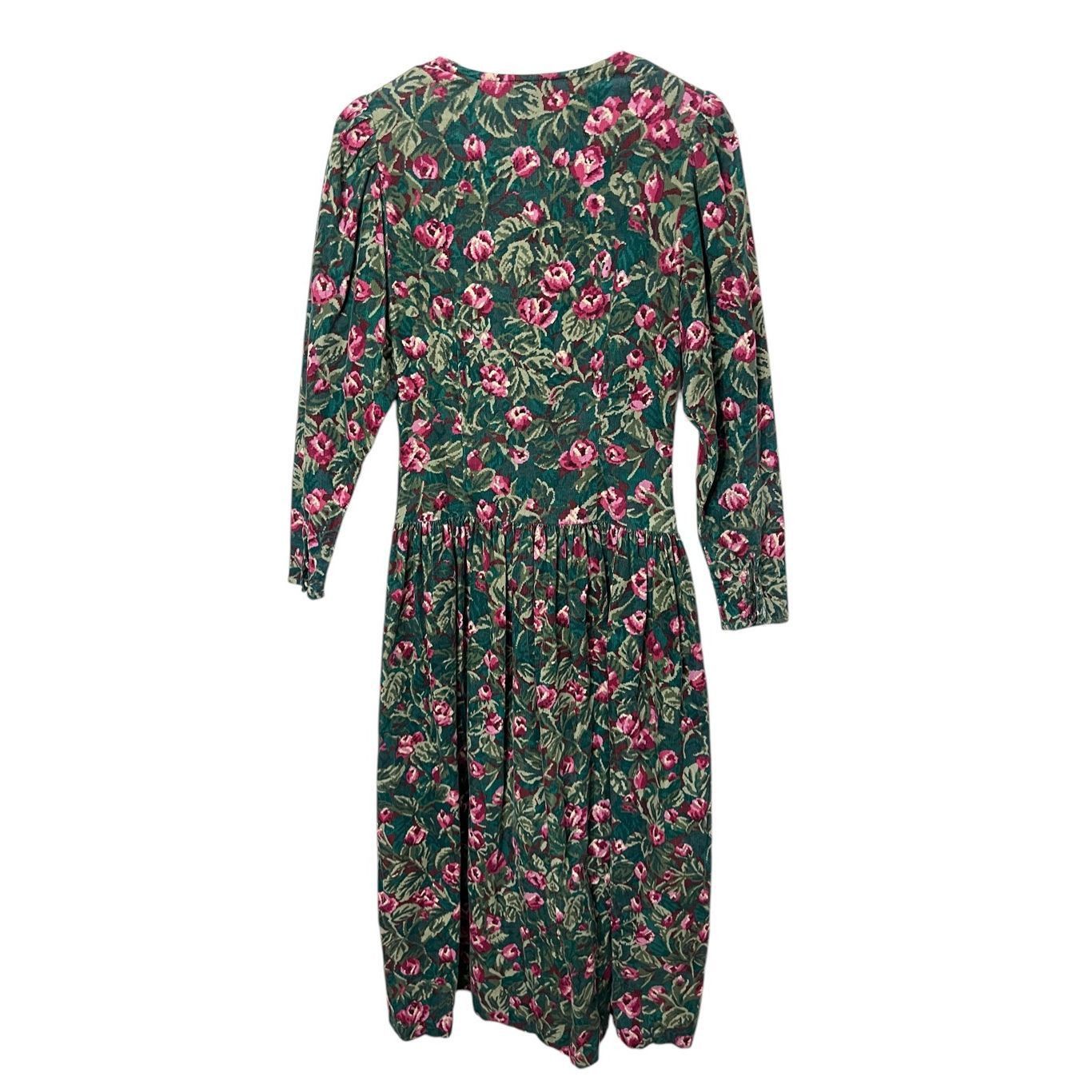 Other Vintage Eileen West Green Pink Floral Corduroy Maxi Dress Si Size M / US 6-8 / IT 42-44 - 8 Thumbnail