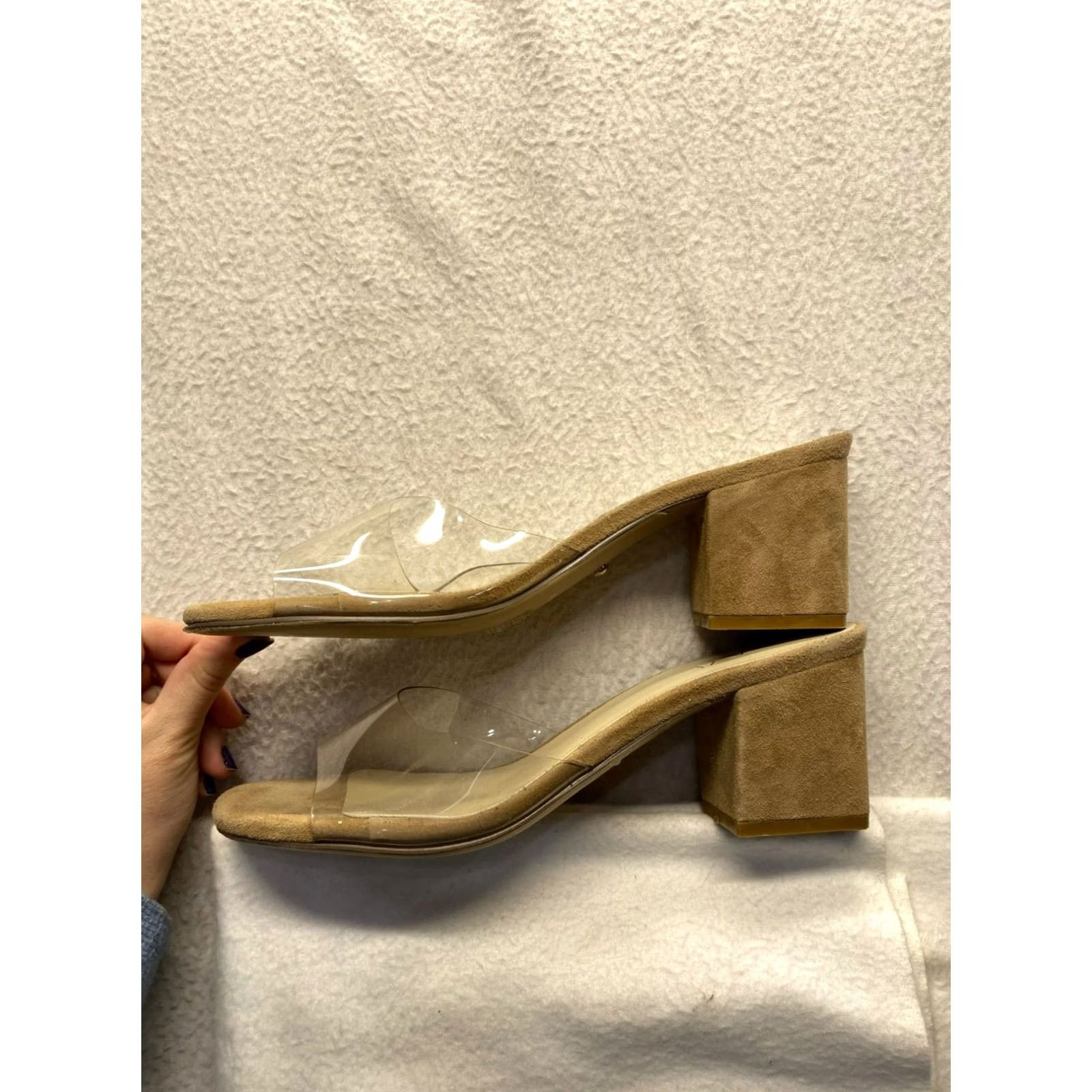 Vintage Raye Block Heel Mule Sandals Womens 8.5 Clear Tan Suede Slip-On Open Toe Brown 3-inch #5844 Size US 9 / IT 39 - 4 Thumbnail