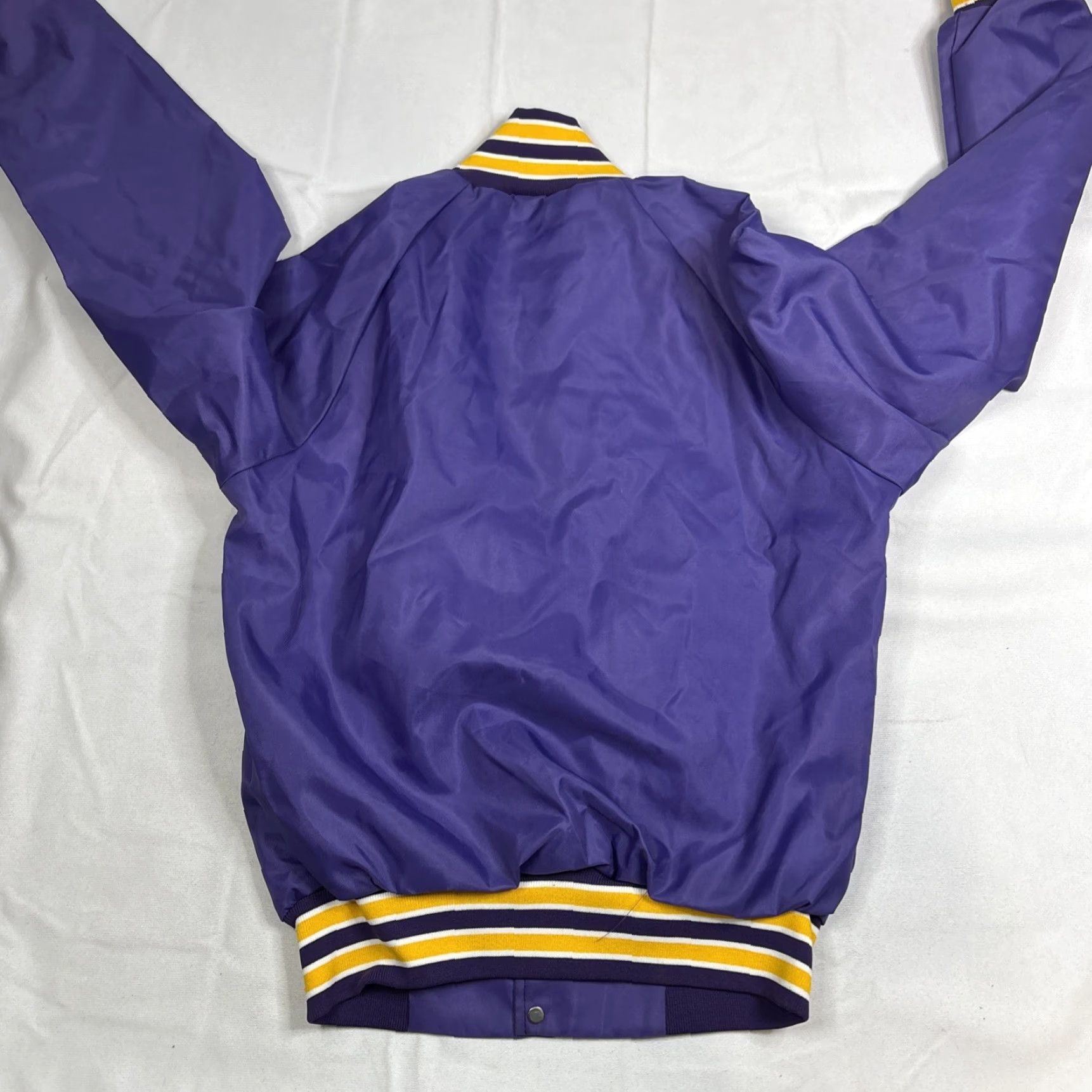Vintage VINTAGE WestArk Satin Jacket Snap Front XS Purple Yellow 80s Men’s Varsity Jacket Jacket Mens XS Purple 80s Satin Snap Nylon Blk? Size US XS / EU 42 / 0 - 5 Thumbnail
