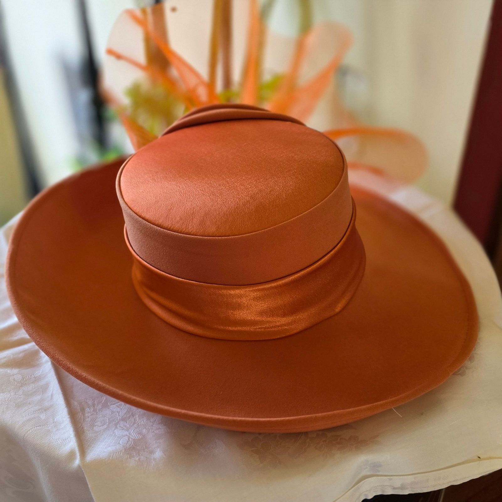 NIB Tania Bella burnt‎ orange hat, with satin rose and mesh, gems Dolce & Gabbana Carretto Print Wide Brim Bucket Hat, 57 cm  main image 4