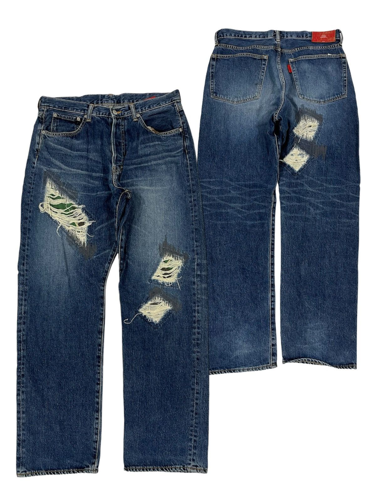 image of Distressed Denim x Swagger Japanese Swagger Camo Patchwork Jeans Size 32 in Blue, Men's