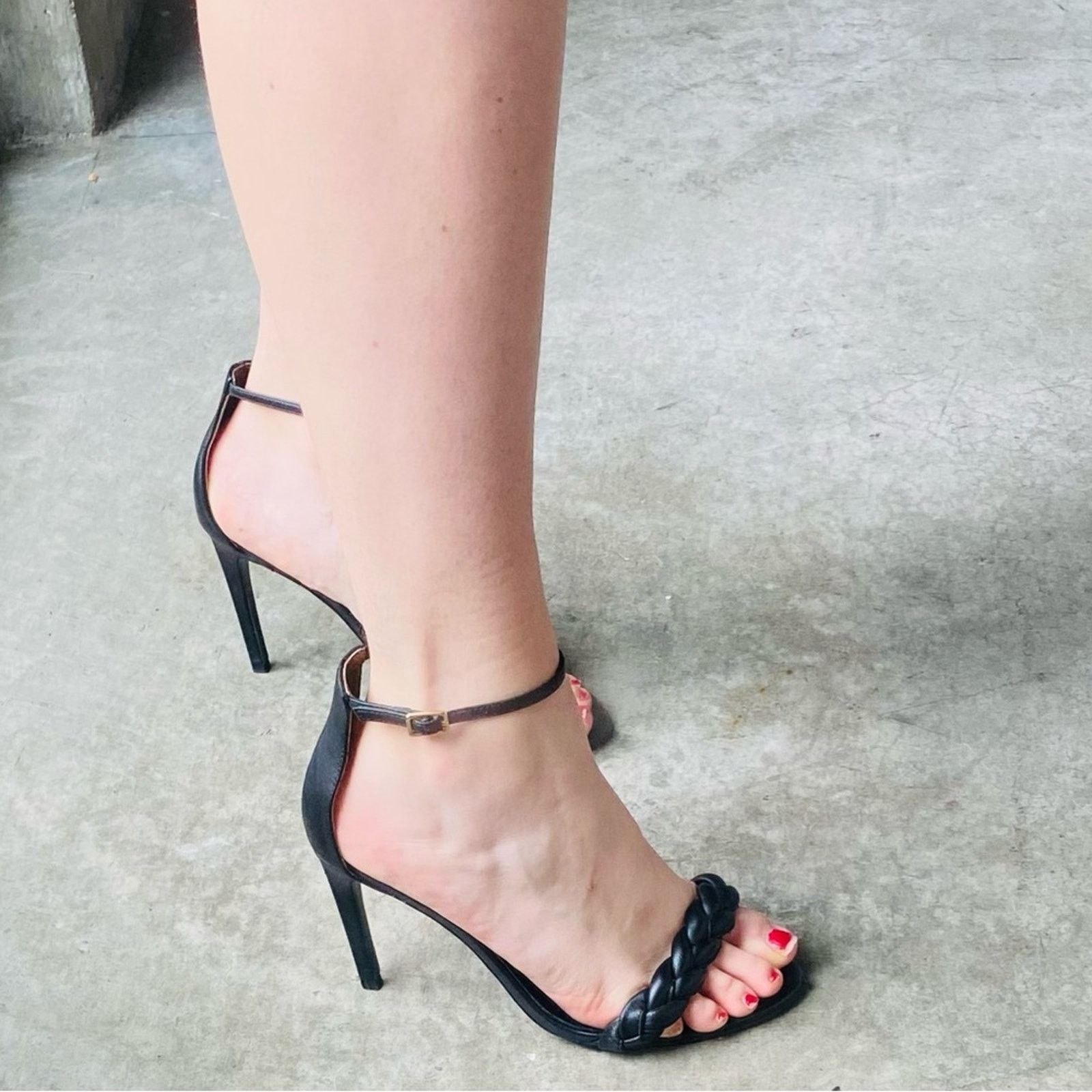 Nordstrom RAYE REVOLVE Lyka Black Braided Ankle Stiletto Sandals Shoes Size US 8.5 / IT 38.5 - 4 Thumbnail