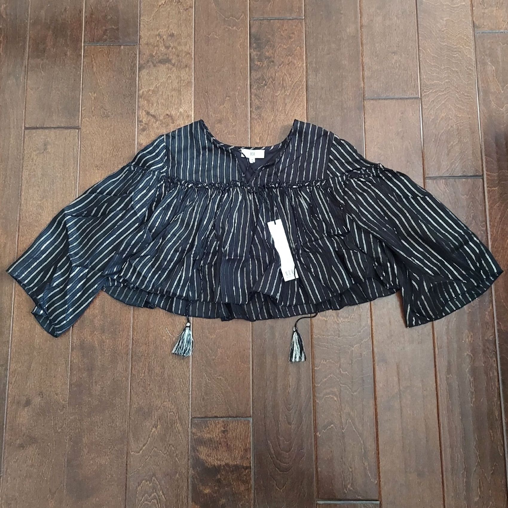 Vintage NSR Women's Black/White Stripe Blouse W/ Tassel - Size M - NWT Size M / US 6-8 / IT 42-44 - 2 Thumbnail