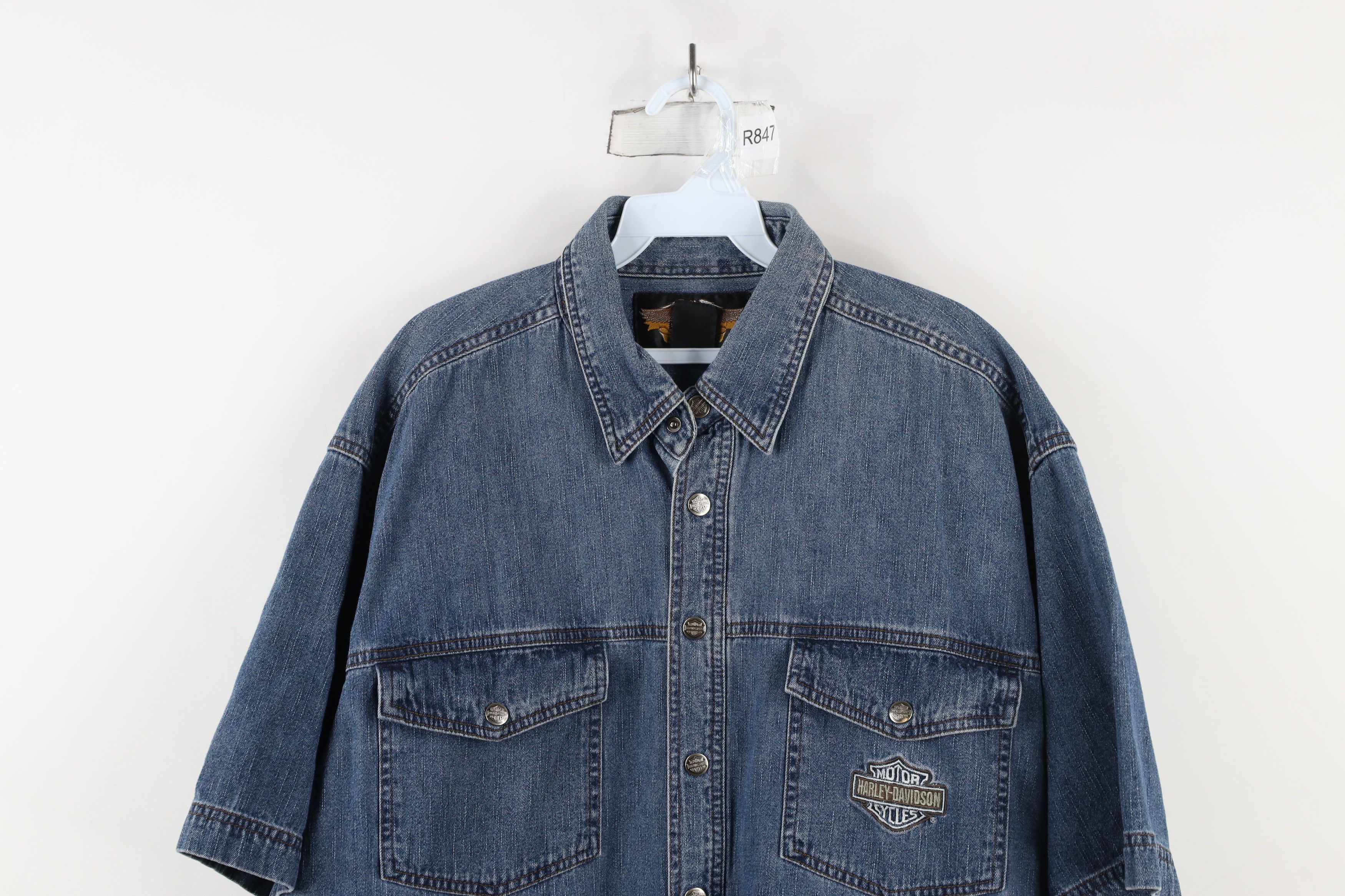 Harley Davidson × Vintage Vintage 90s Harley Davidson Denim Jean Button Shirt Cotton Size US XL / EU 56 / 4 - 2 Thumbnail