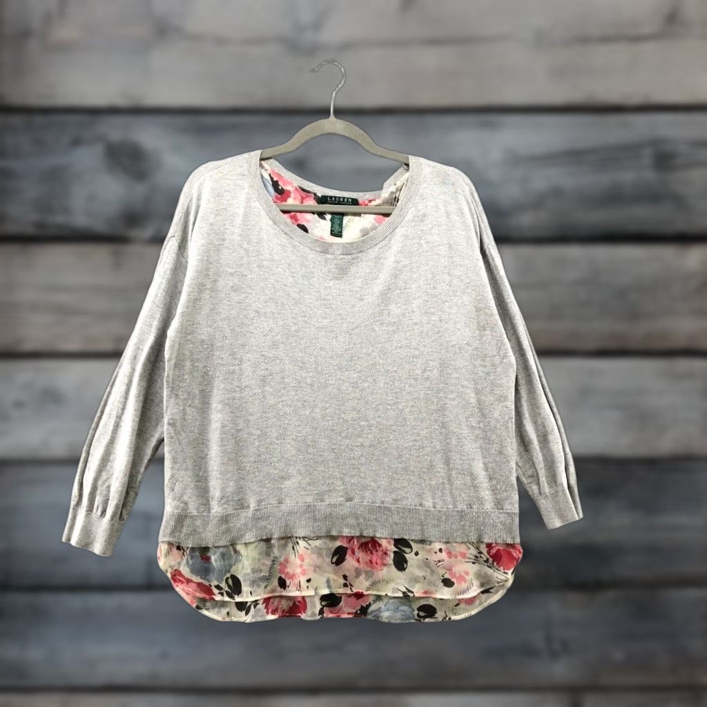 Ralph Lauren VINTAGE Lauren Ralph Lauren Sweater Womens L Gray Floral Crew Neck Long Sleeve Pullover Casual Lightweight Cotton Blend 90s Girls Size L / US 10 / IT 46 - 1 Thumbnail