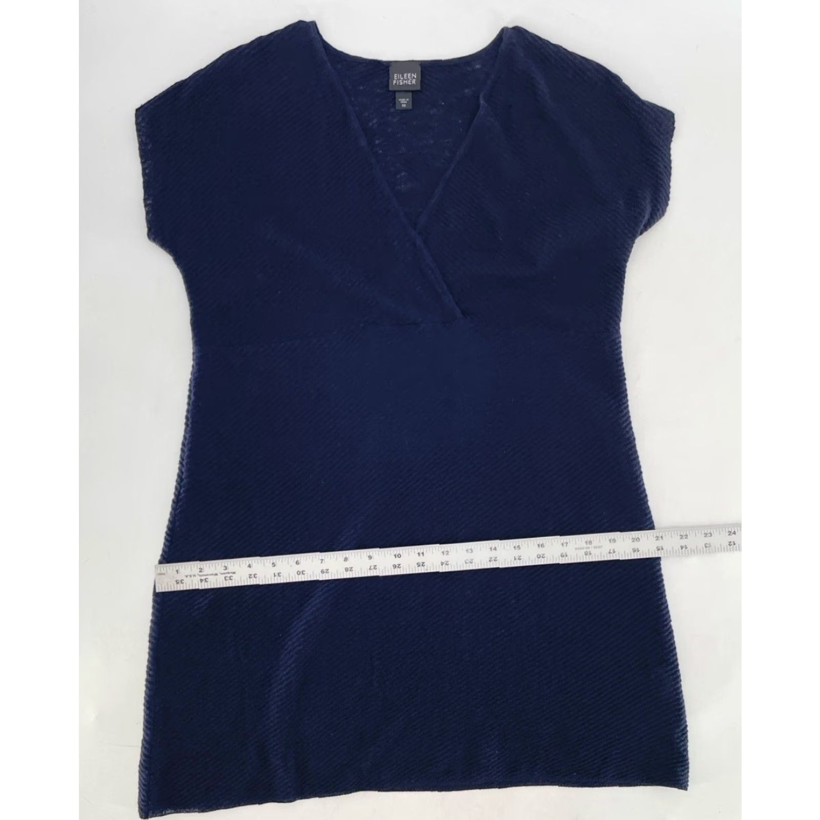 Eileen Fisher Eileen Fisher Navy Blue V-Neck Faux Wrap Knit Dress XS Linen Short Sleeve Casual Lightweight A-Line Classic Womens Size XS / US 0-2 / IT 36-38 - 8 Thumbnail