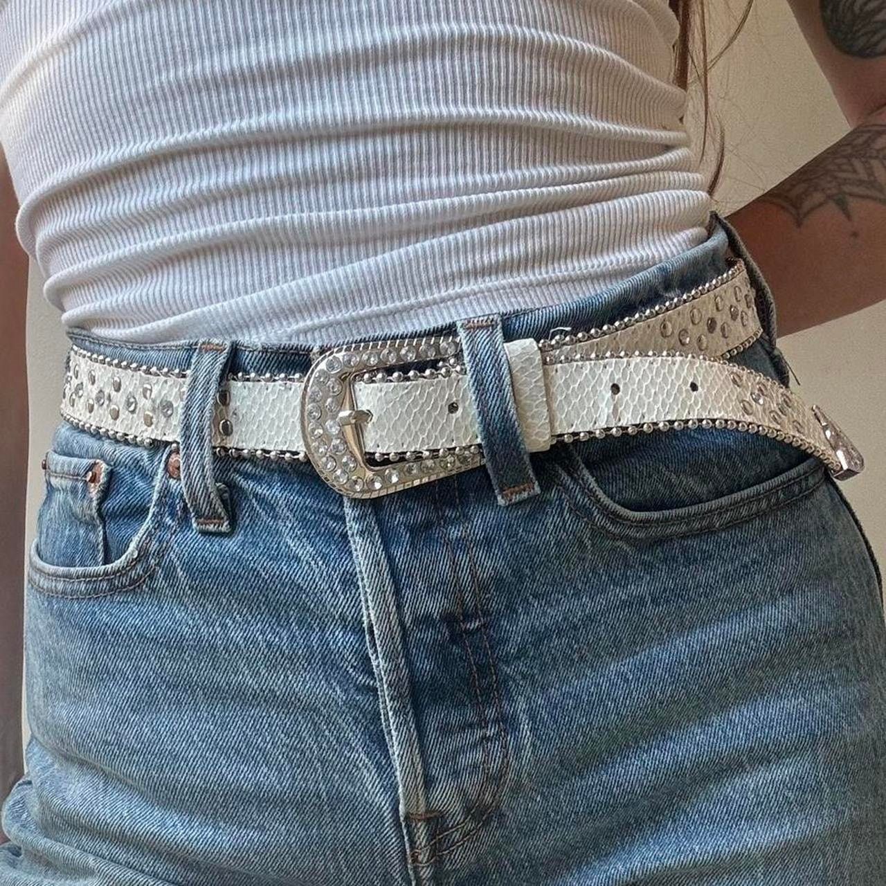 Other Vintage White Snakeskin Rhinestone Western Belt Small Medium Size ONE SIZE - 1 Thumbnail