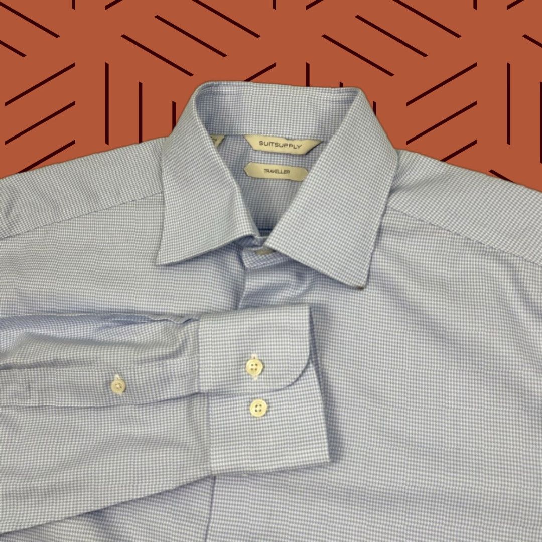 Suitsupply Suitsupply Traveller Shirt Mens 39 / 15.5 Slim White Blue Houndstooth Button Up Size US L / EU 52-54 / 3 - 1 Thumbnail