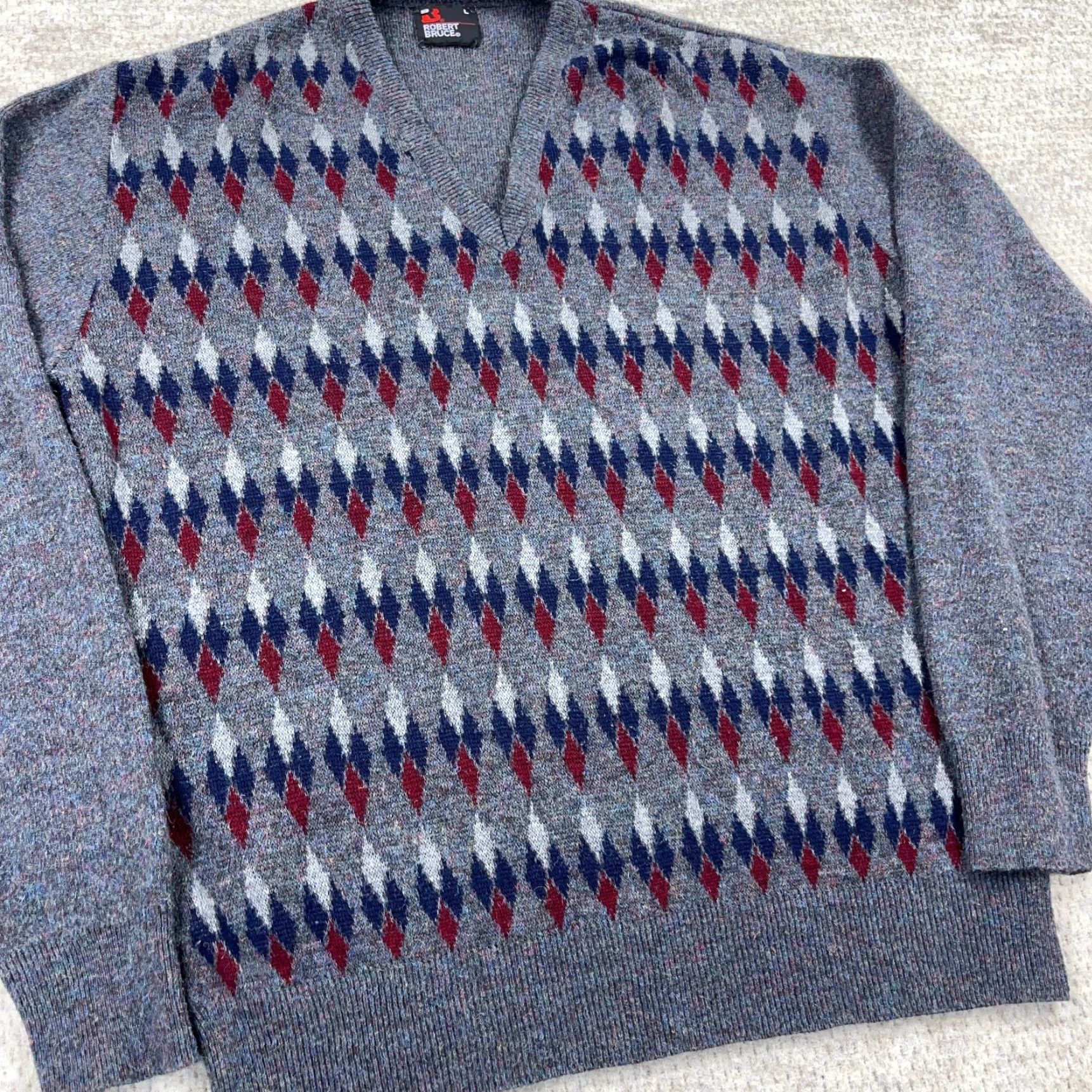 Vintage VINTAGE Grandpa Sweater Men Large Gray Red V Neck Knit 80s 90s Diamond Golf Size US L / EU 52-54 / 3 - 3 Thumbnail