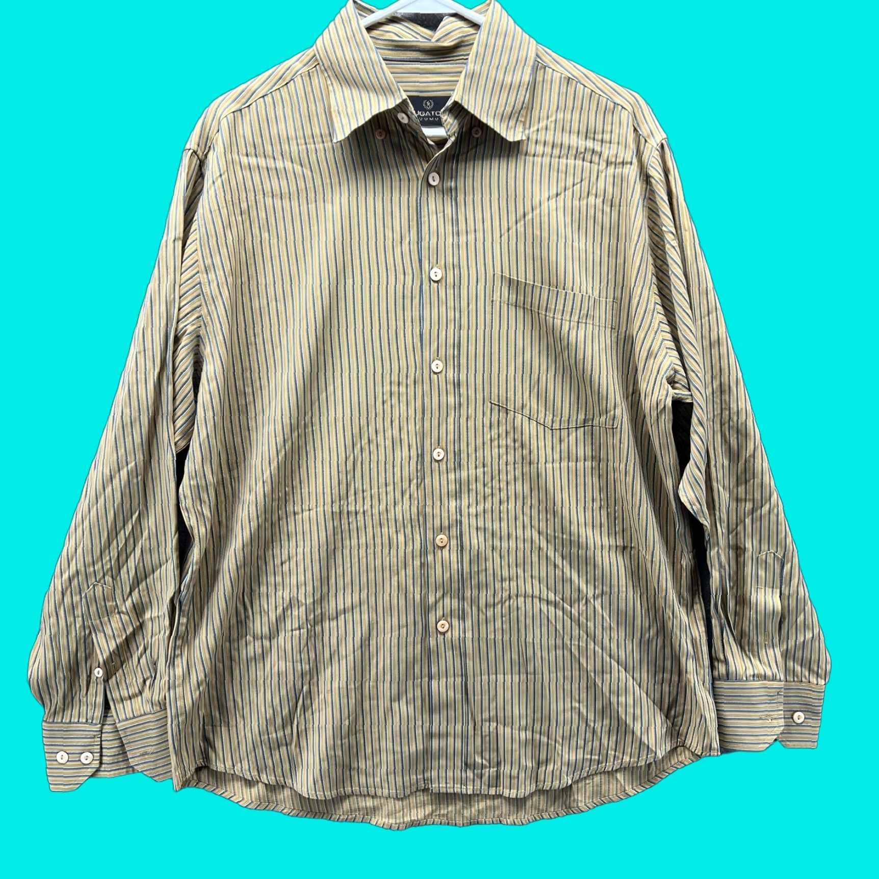 BUGATCHI Bugatchi Uomo Shirt Mens M Yellow Stripe Button Front Boho Oxford Blue Size US M / EU 48-50 / 2 - 1 Thumbnail