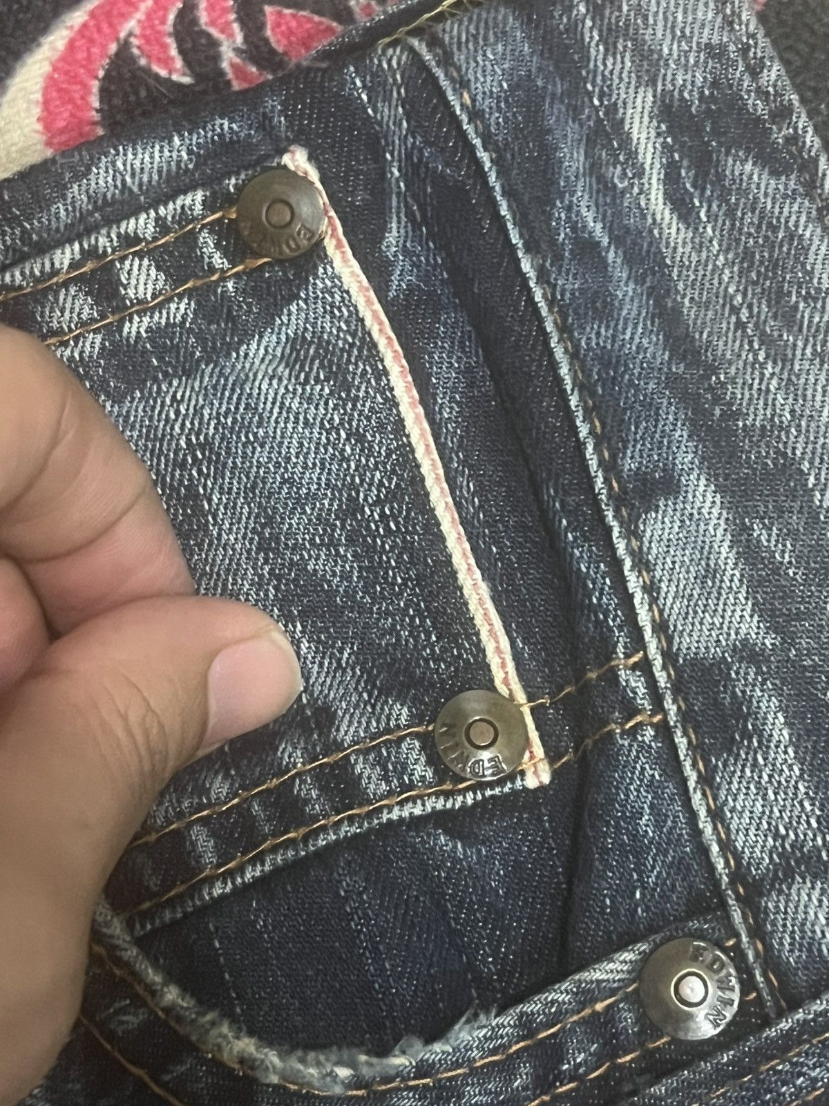 Vintage Edwin 505 Dark Faded Ripped Buckle Back Selvedge Flare Jeans Size US 30 / EU 46 - 6 Thumbnail