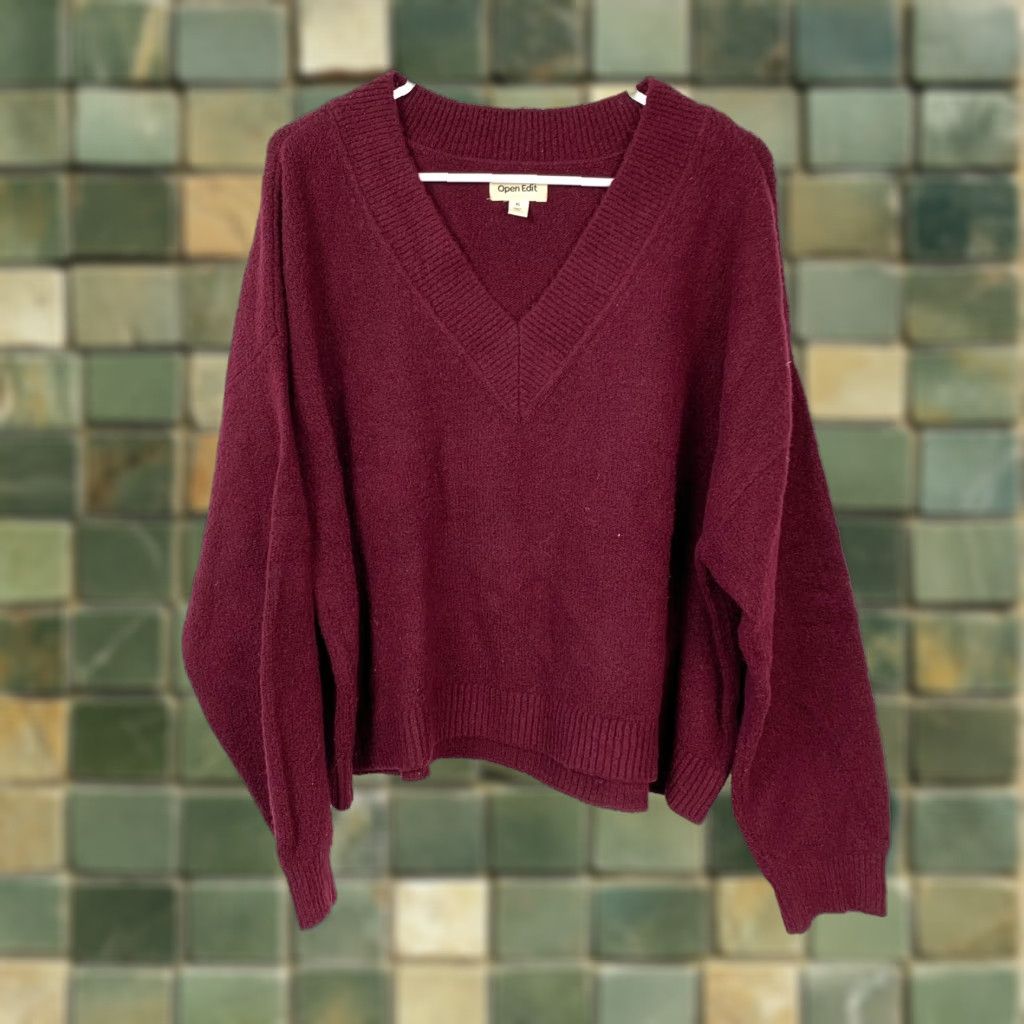 Vintage Open Edit V-Neck Sweater XL Burgundy Red Boxy Pullover Women's Knit Casual Workwear Size XL / US 12-14 / IT 48-50 - 1 Thumbnail