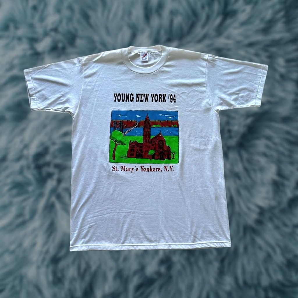 Jerzees VINTAGE 90s Jerzees T-Shirt Single Stitch XL White Men 90s New York Yonkers St. MaryS Marie 94’ Vintage Mens XL Tee Size US XL / EU 56 / 4 - 1 Thumbnail