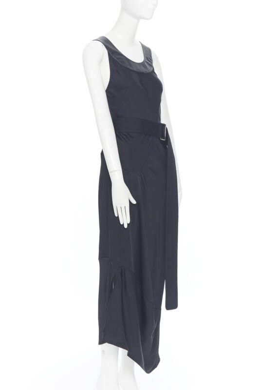 Victoria Beckham new VICTORIA BECKHAM 2018 Runway black satin leather collar belted dress UK8 S Size S / US 4 / IT 40 - 1 Thumbnail