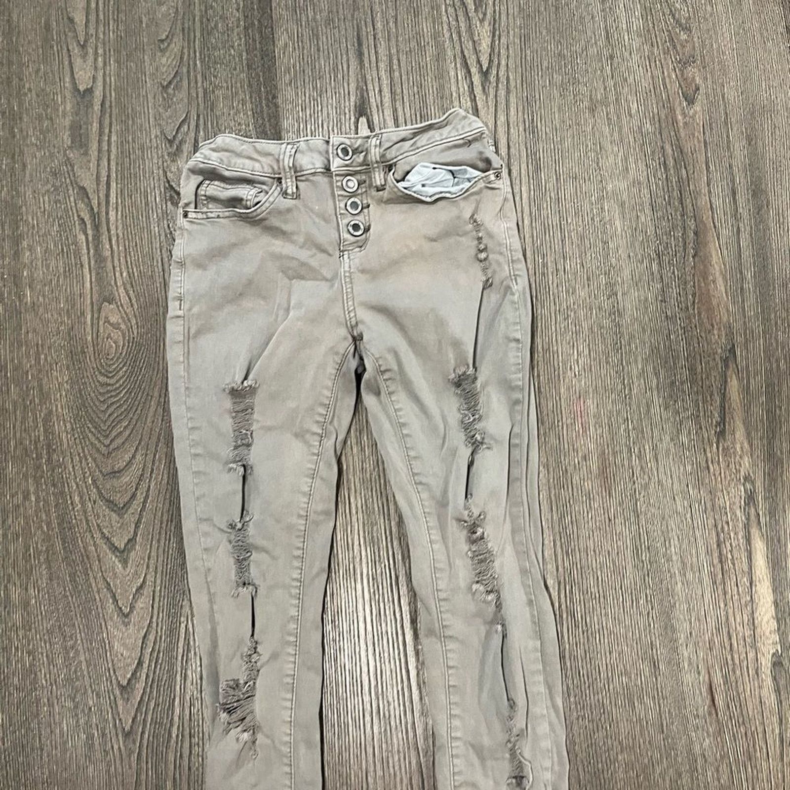 Vintage AngelKiss Olive Green Skinny Leg Distressed Jeans Size 3 Size 23" - 3 Thumbnail