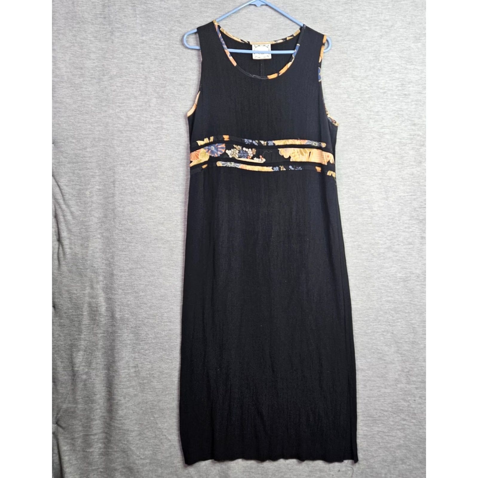 Vintage Dressing Clio Vintage Black Maxi Dress Women's M Sleeveless Floral Trim Round Neck A-Line Long Casual Party/Cocktail Size M / US 6-8 / IT 42-44 - 2 Thumbnail