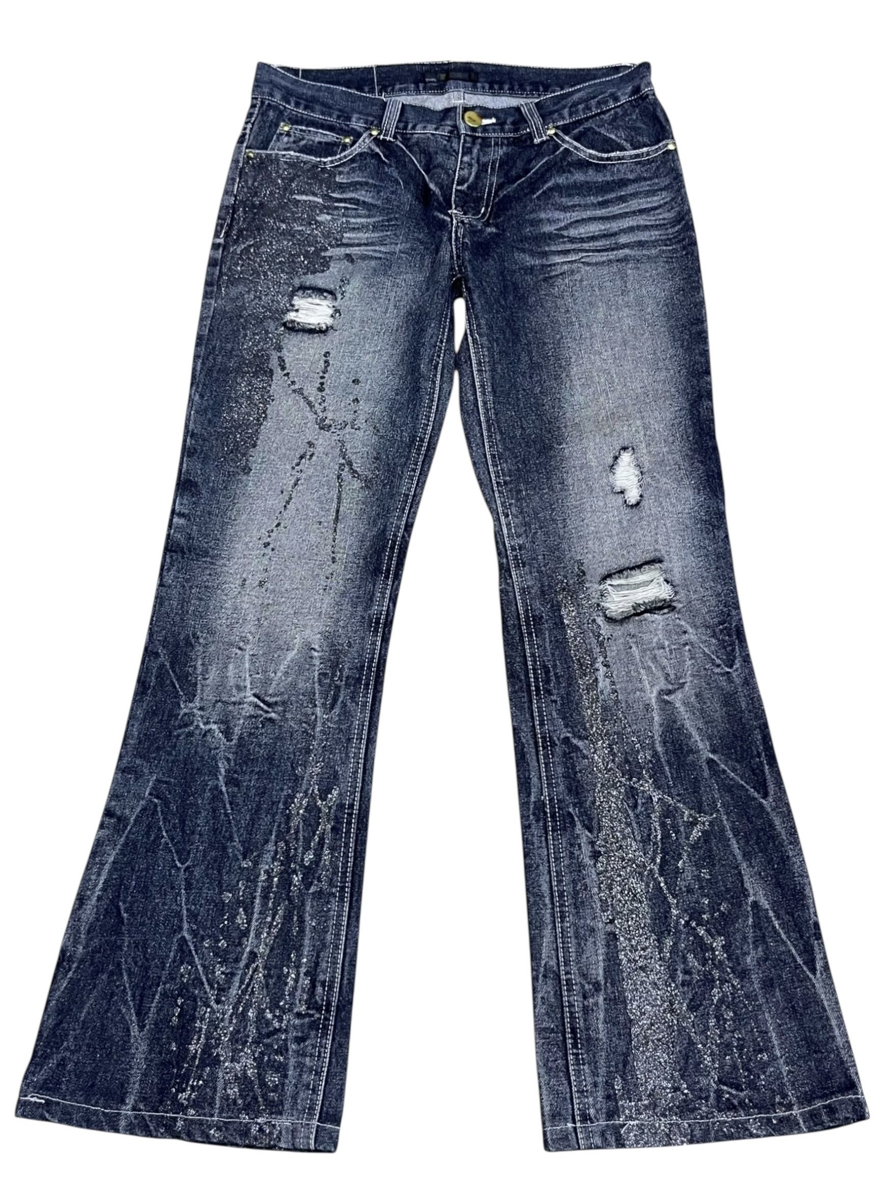 FYE🔥VTG BLACK BACCARA GLITTER SPLASH DISTRESSED FLARE JEANS