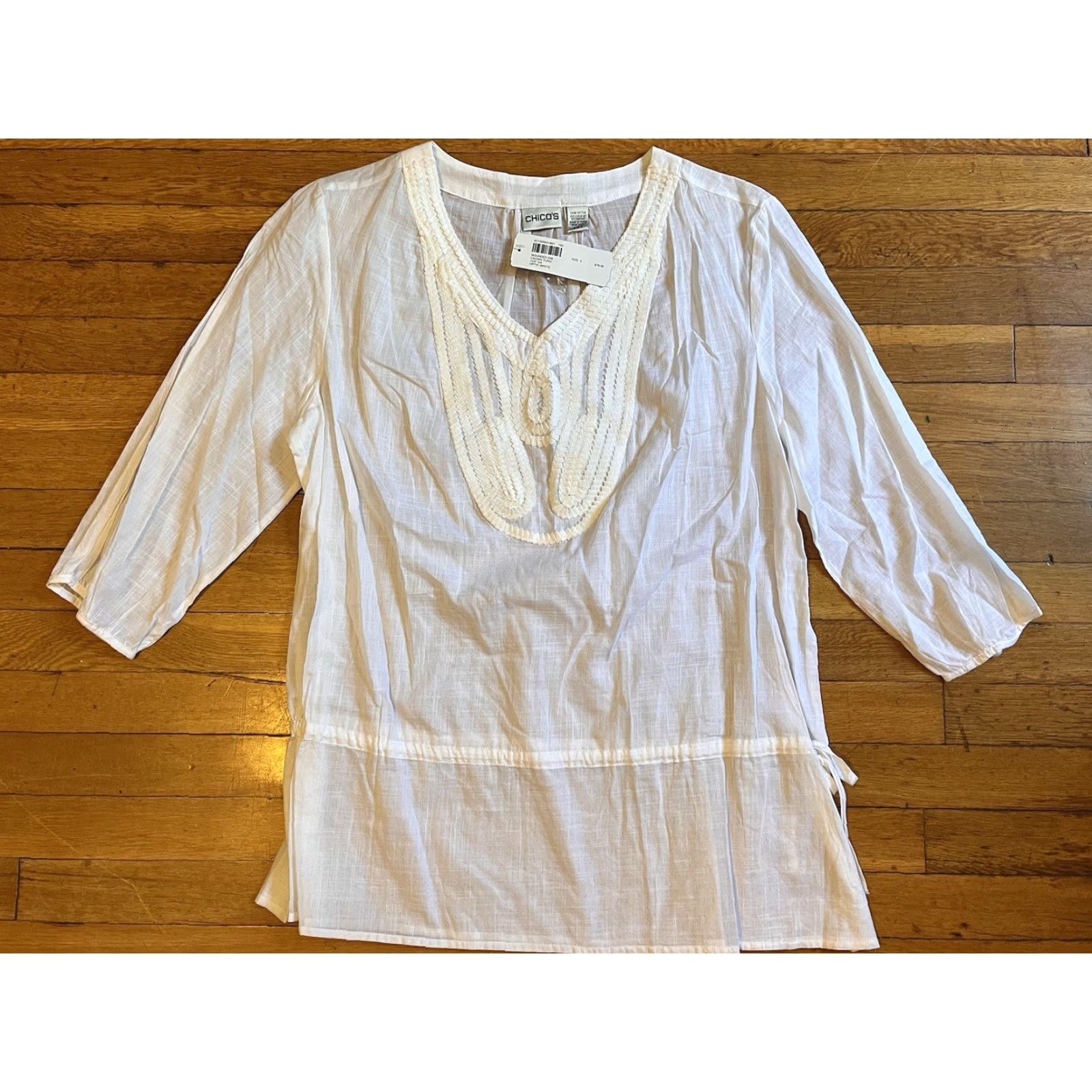 Vintage Chico’s Linen Tunic Shirt Women’s 3 White Gauze XL Embroidered Belted 3/4 Sleeve Bohemian Classic Shirt Women Size XL / US 12-14 / IT 48-50 - 2 Thumbnail