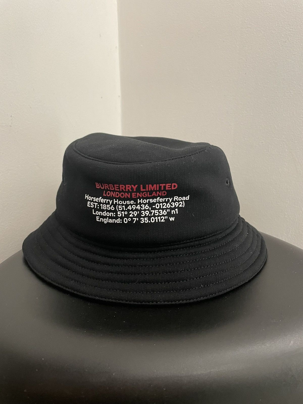 image of Burberry Location Print Cotton Bucket Hat in Black, Men's