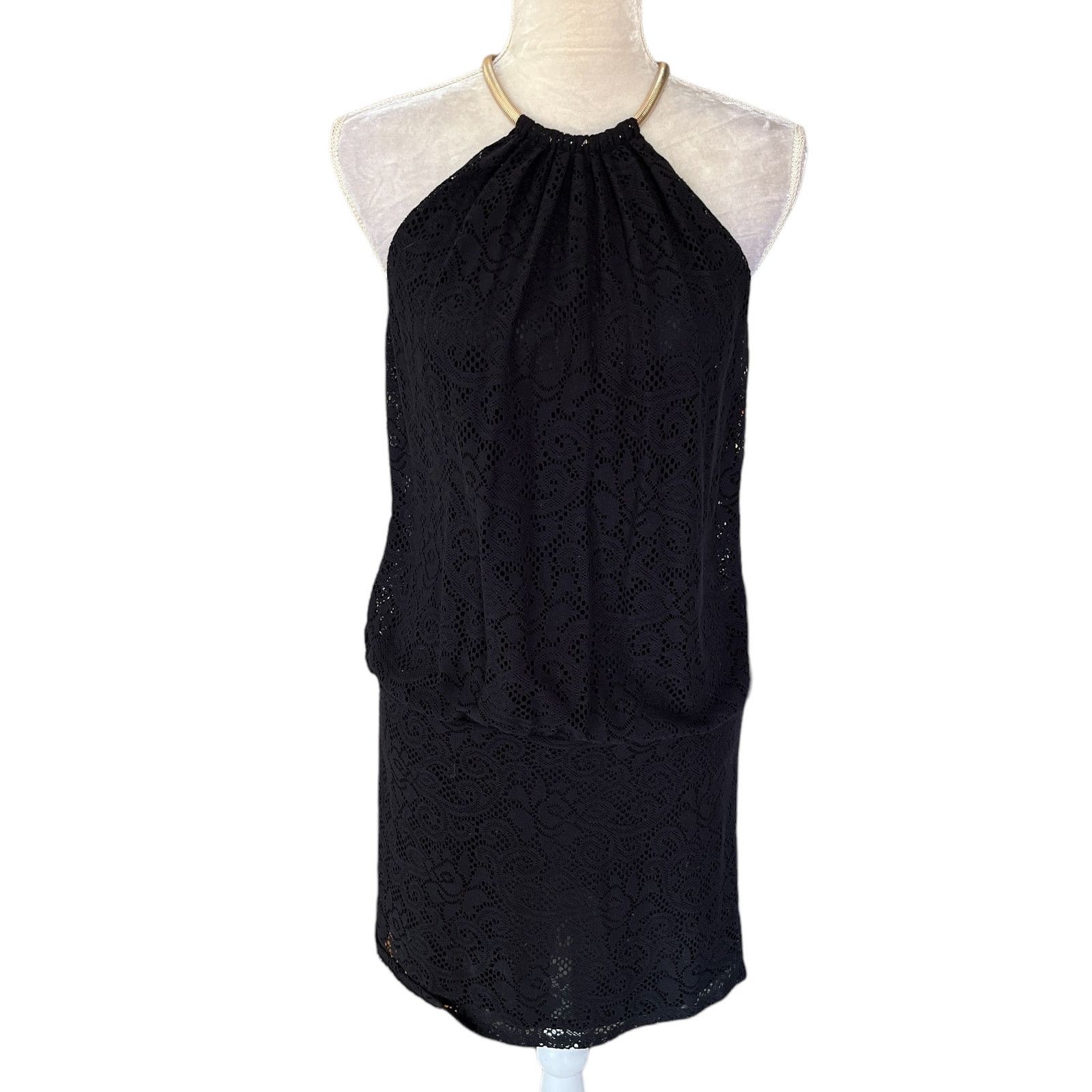 Laundry by Shelli Segal Halter Dress Black Lace Gold 8 Lined