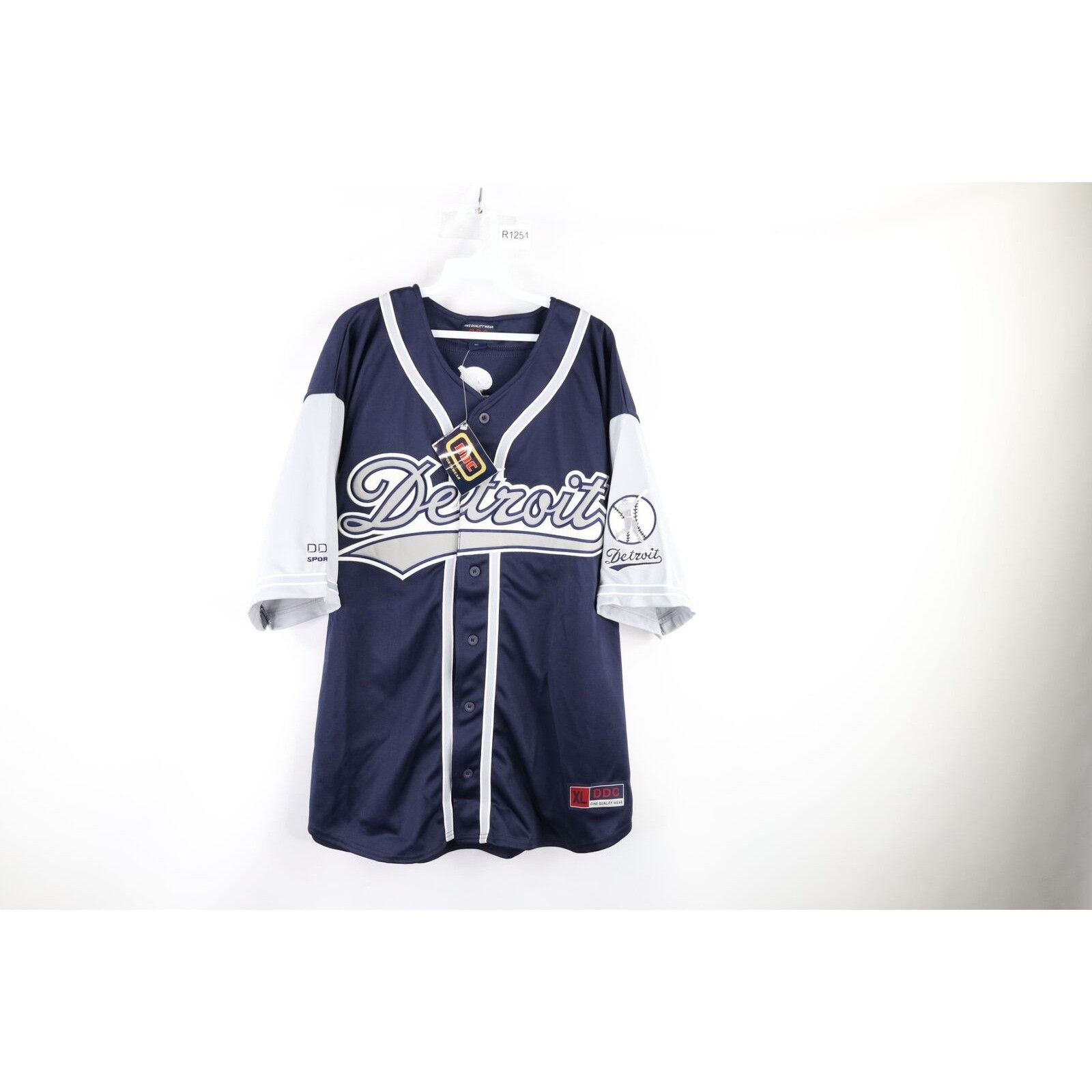 image of Nos Vintage Spell Out Script Detroit Tigers Baseball Jersey in Blue, Men's (Size XL)