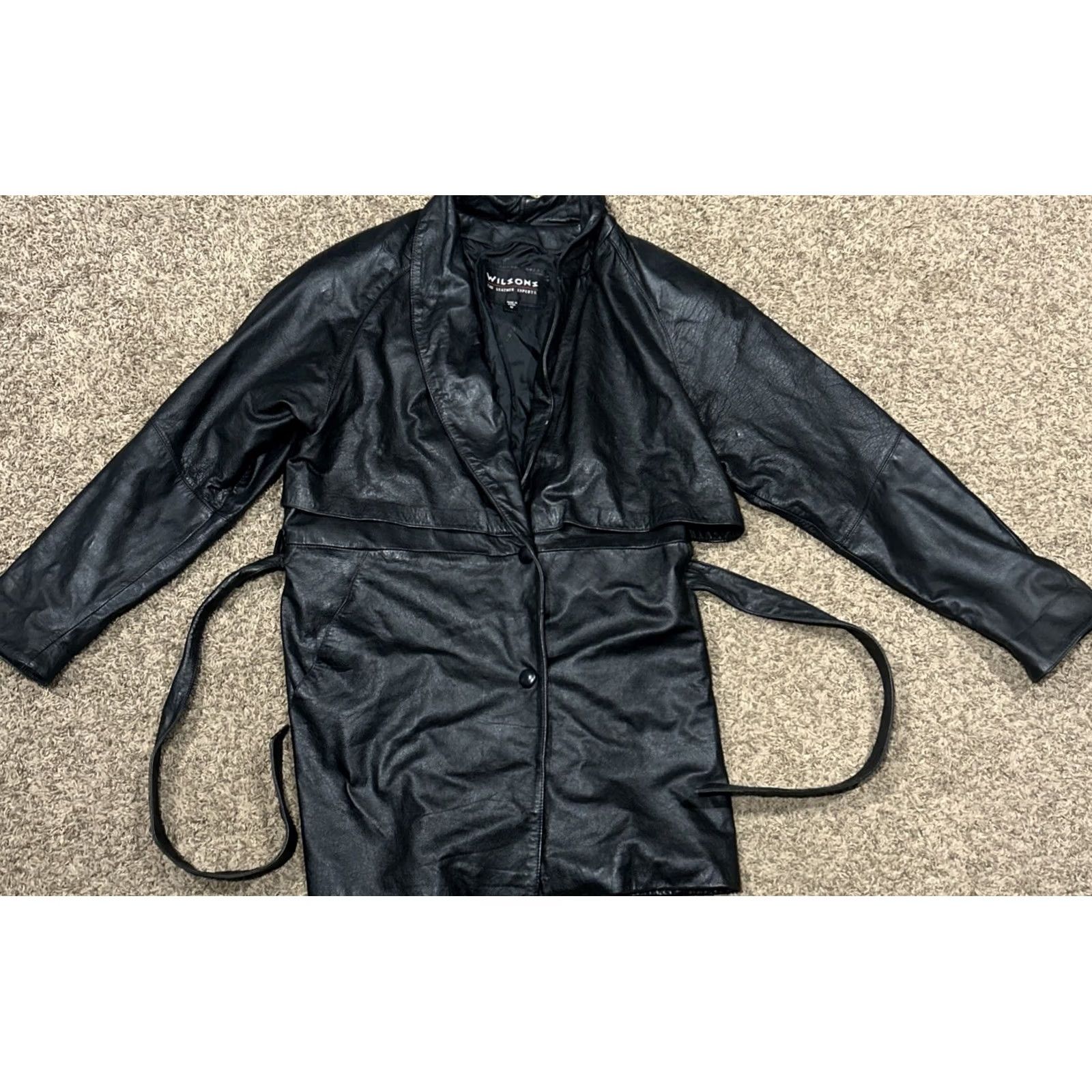 Vintage Wilsons Leather Jacket Coat M Black Belt Button Pre-Owned Women Size M / US 6-8 / IT 42-44 - 2 Thumbnail