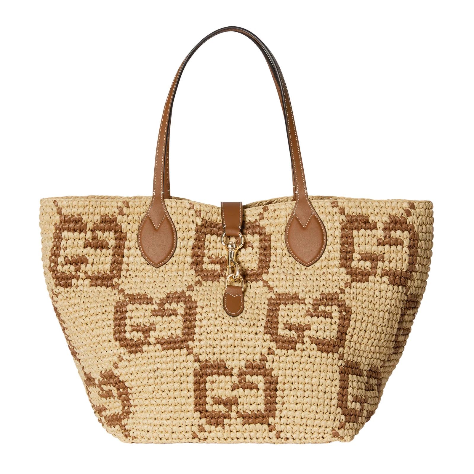GUCCI Natural/Brown GG Raffia Medium Tote Bag New