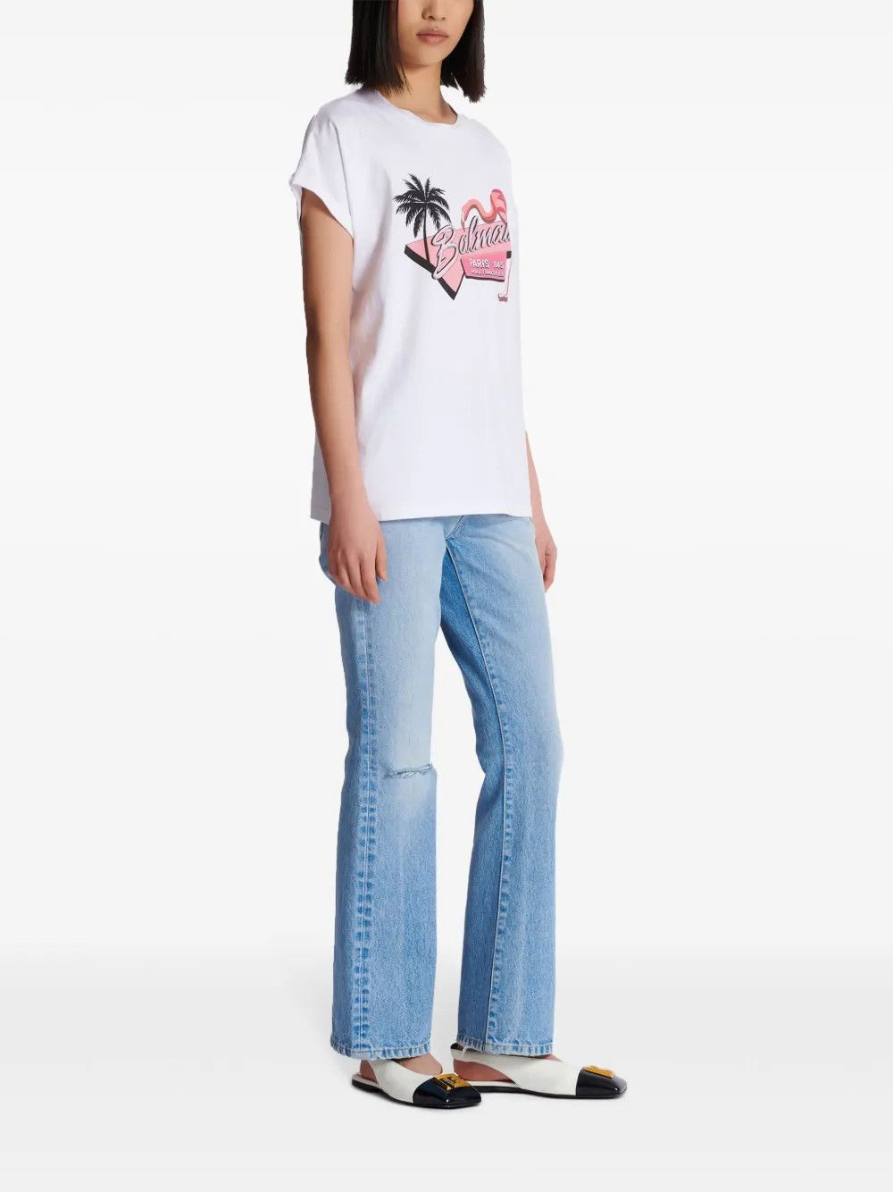 Balmain o1s1wg110725 Flamingo Print Cotton T-Shirt in White Size S / US 4 / IT 40 - 4 Thumbnail