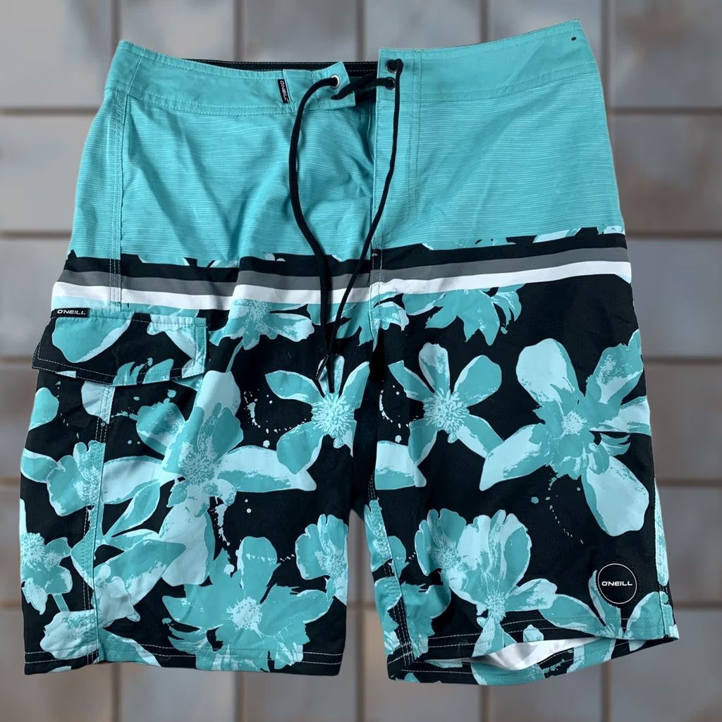O'Neill O'Neill Mens Swimtrunks Boardshorts 29 Waist Turquoise Black Floral Polyester Size US 29 - 1 Thumbnail