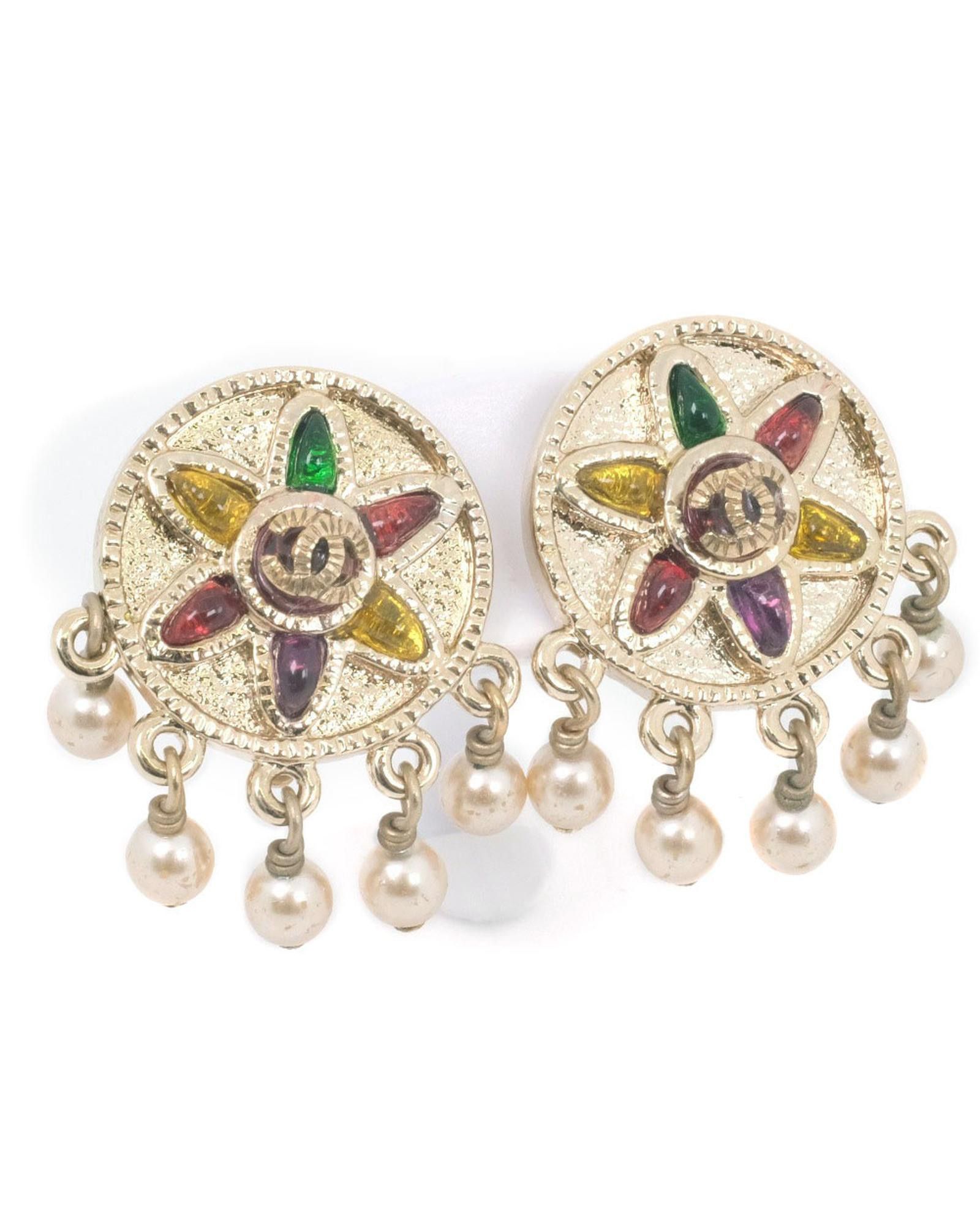 image of Chanel Gold Faux Pearl Cc Clip On Earrings, Women's