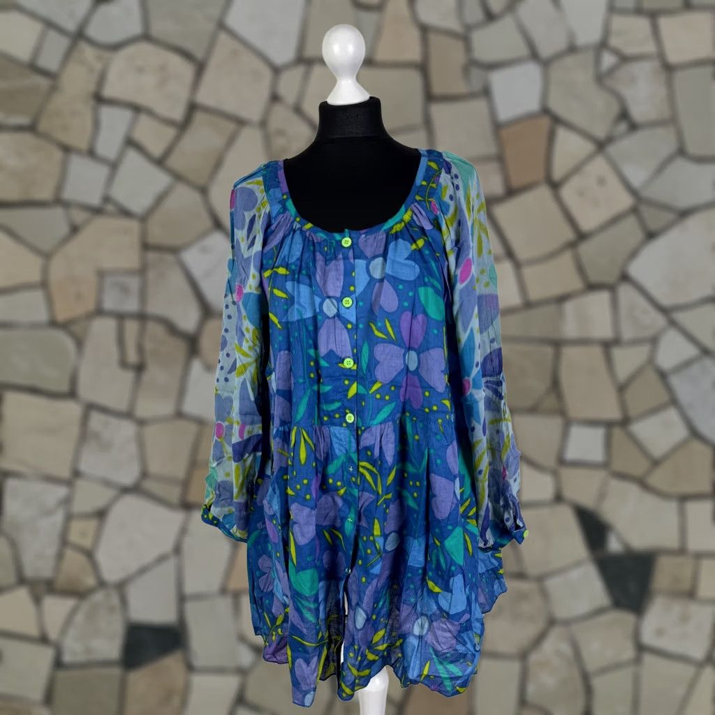 Vintage Gudrun Sjoden Blouse Tunic Women Floral Blue L Size 3/4 Sleeve Round Neck Cotton Viscose Boho Vintage no N/A Size L / US 10 / IT 46 - 1 Thumbnail