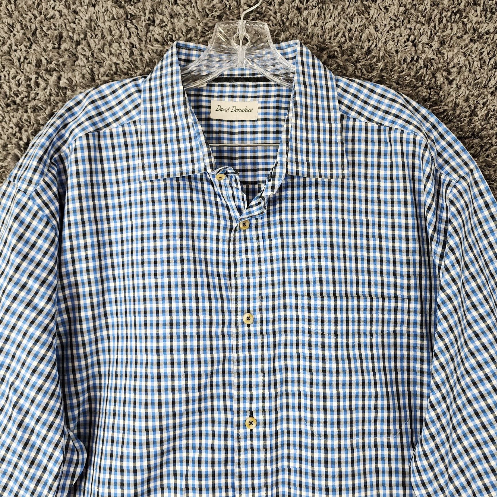 David Donahue VINTAGE David Donahue Mens Long Sleeve Dress Shirt 2XL Blue Plaid Cotton Men Size 48R - 3 Thumbnail