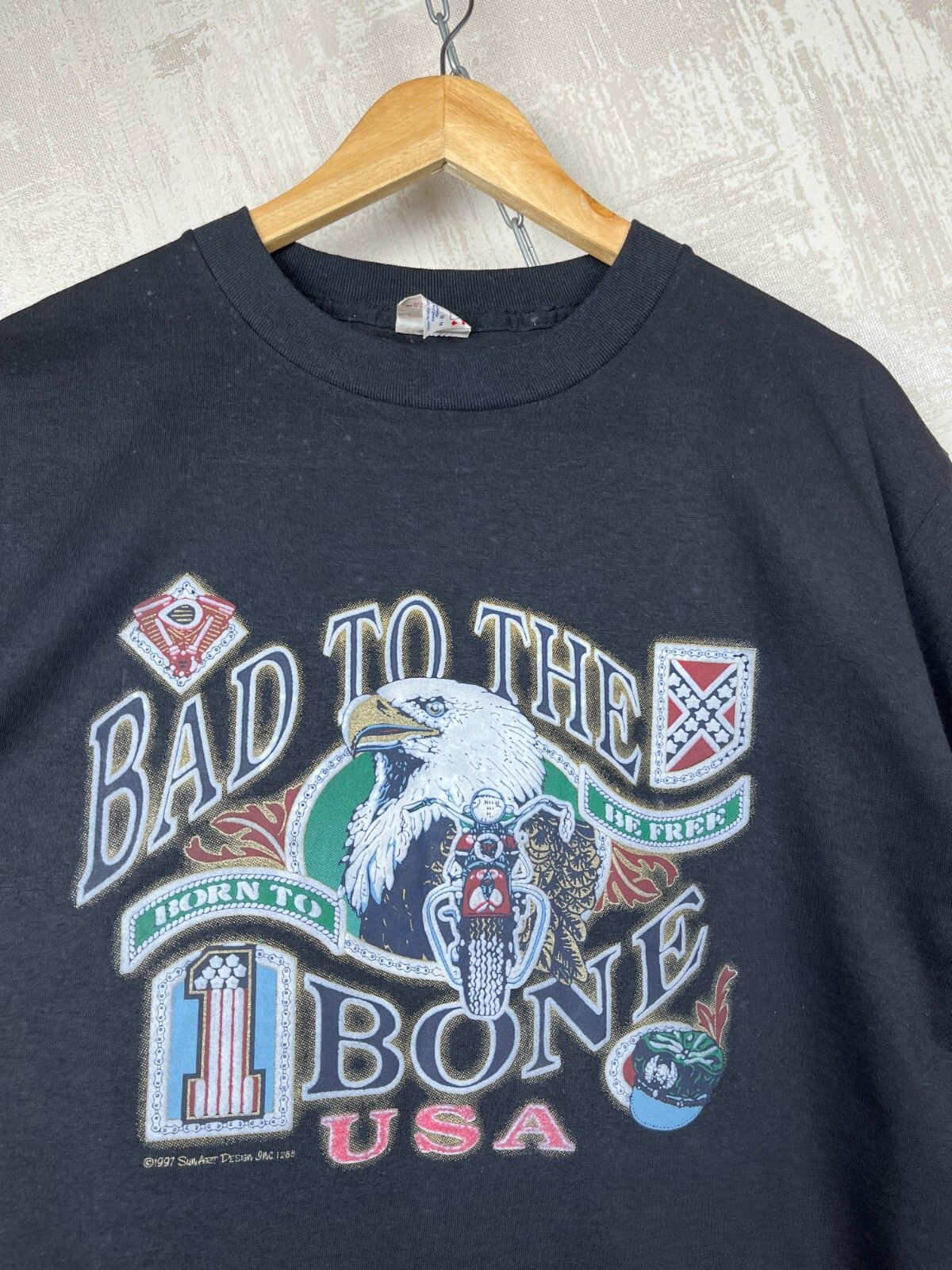 Vintage 90's Bad To The Bone USA Eagle Biker Moto Sun Art Design Size US M / EU 48-50 / 2 - 9 Thumbnail