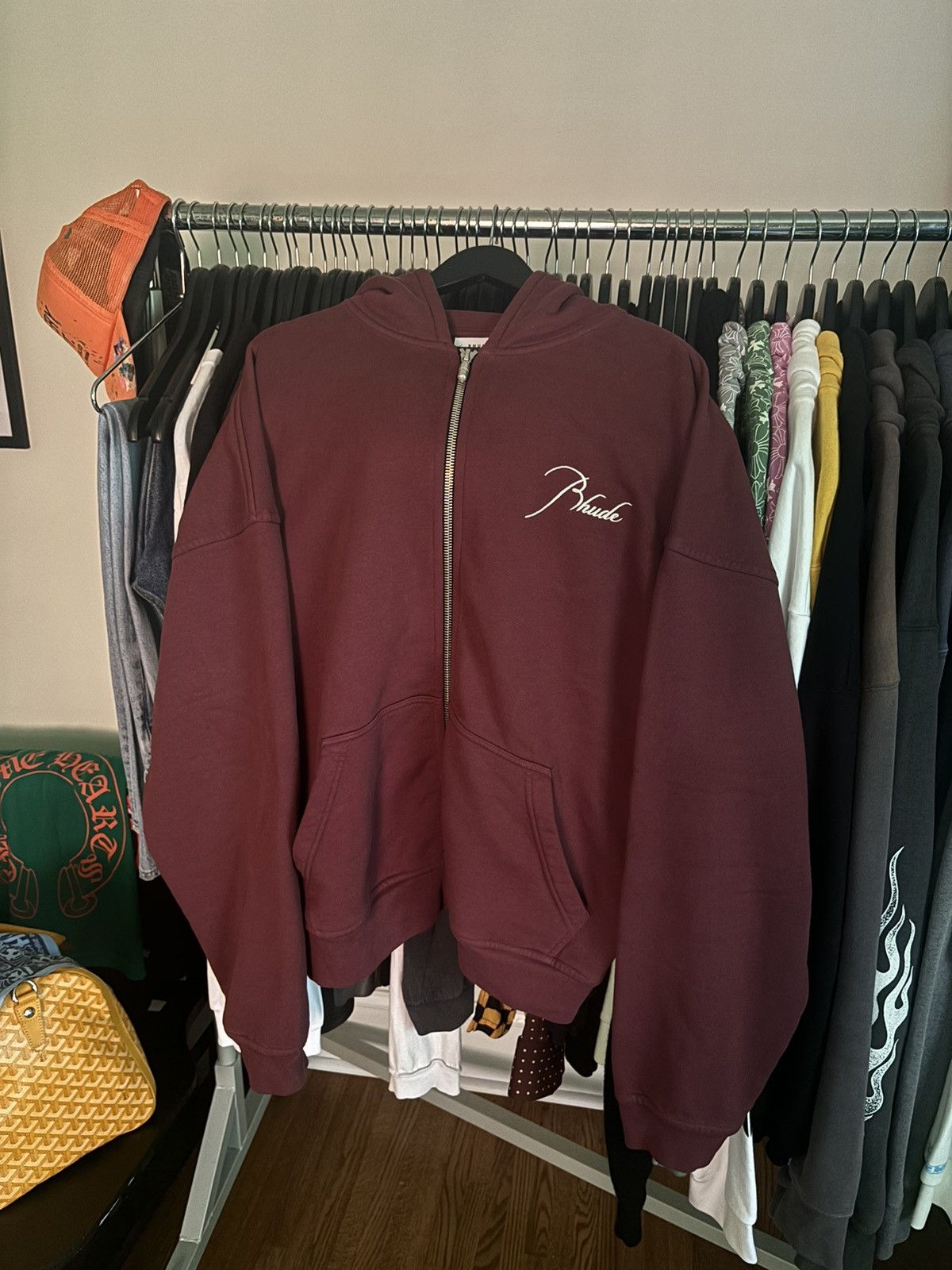 image of Rhude Script Embroidered Pill Hoodie in Burgandy, Men's (Size Medium)