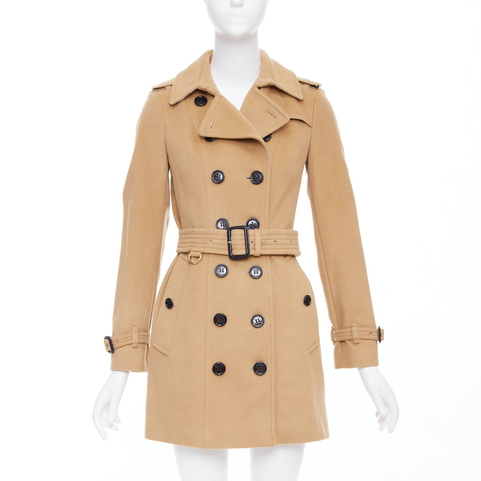BURBERRY camel wool cashmere black logo buttons classic trench jacket coat UK4 XXS