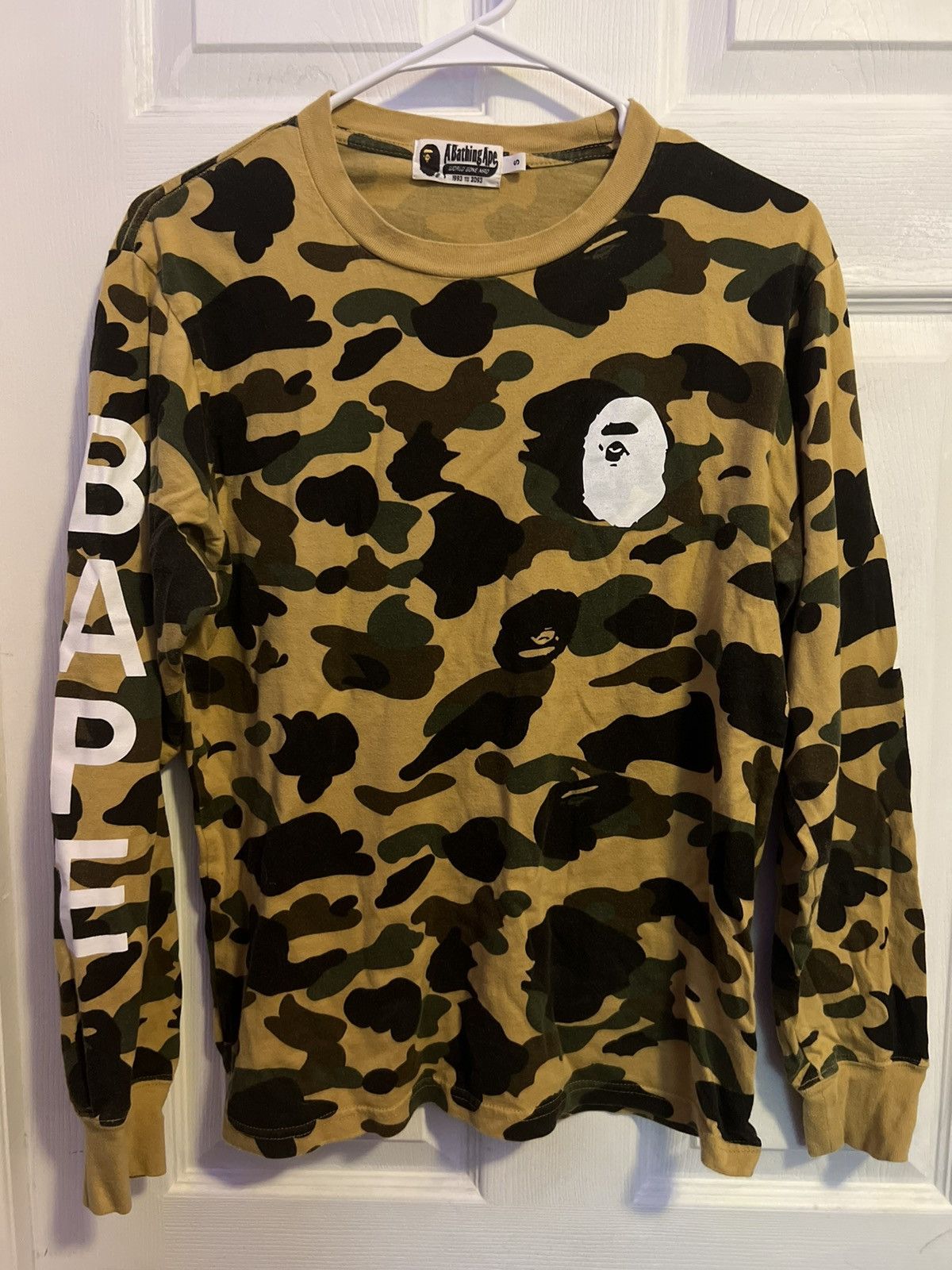 Image of Bape 1St Camo Long Sleeve Tee in Yellow, Men's (Size Small)