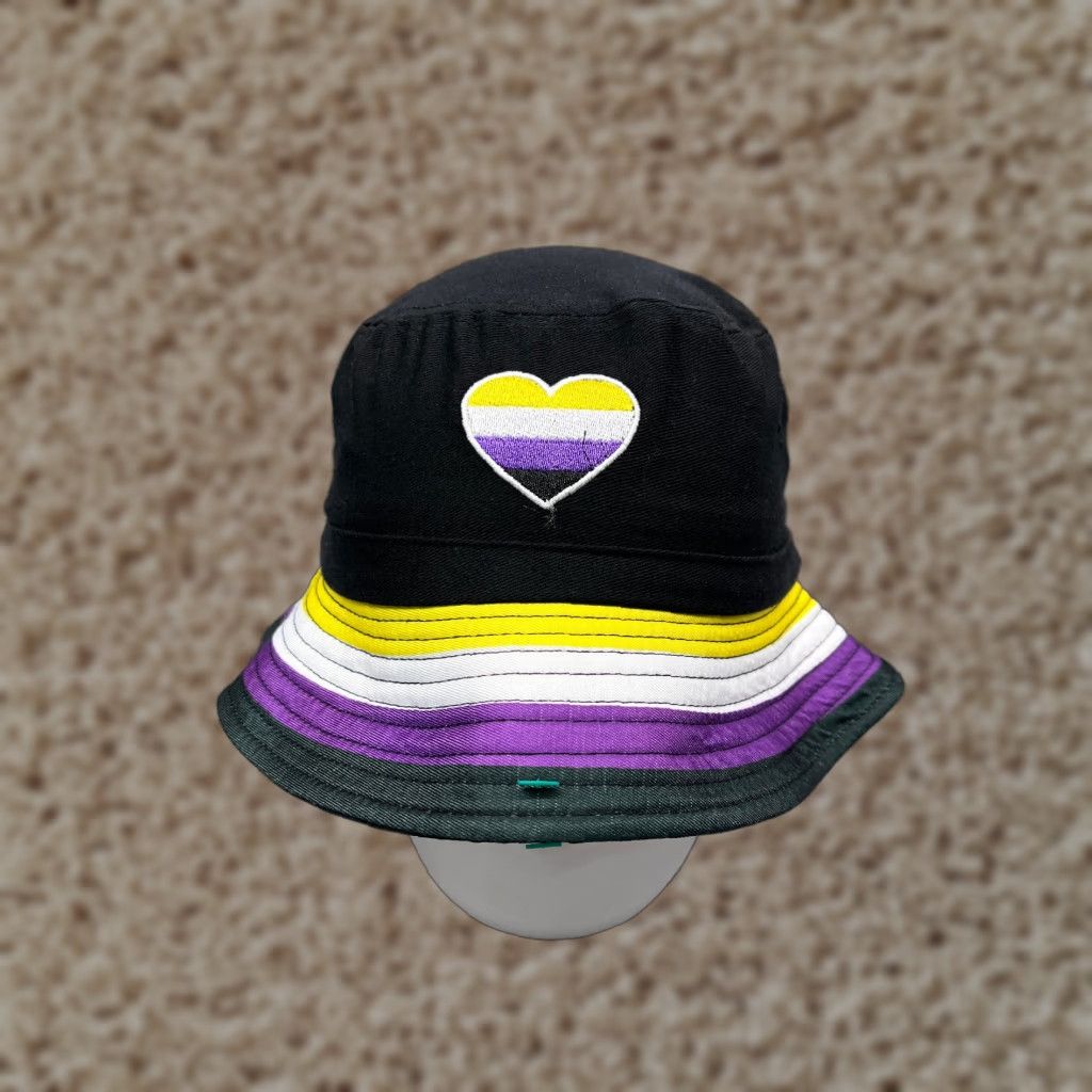 Vintage Heart Bucket Hat Women One Size Black Purple Yellow Stripe Polyester Camp Hike Size ONE SIZE - 1 Thumbnail