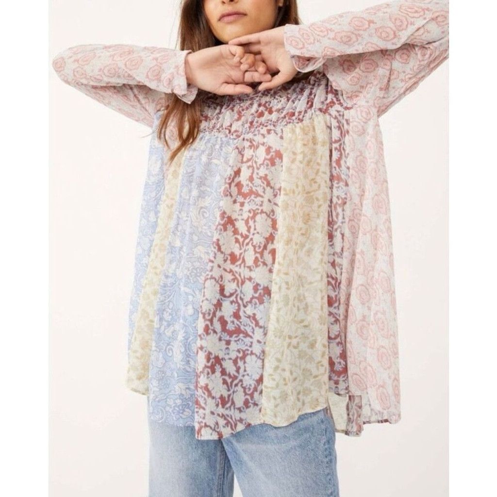 Free People Free People Merrie Mix Print Ruched Top Half Sleeve Tunic Size M / US 6-8 / IT 42-44 - 2 Thumbnail