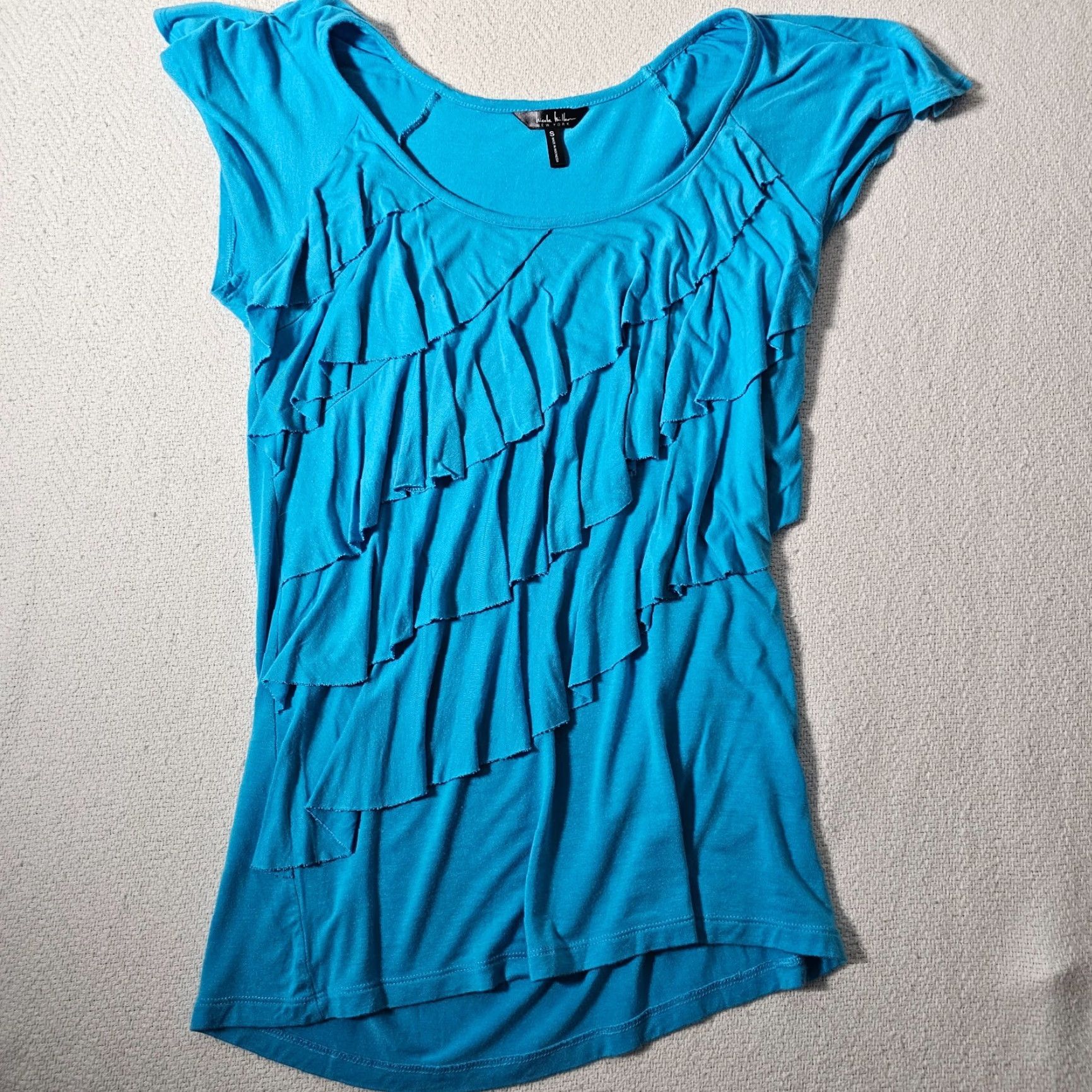 Nicole Miller VINTAGE Nicole Miller Women's Blouse Short Sleeve Ruffled Front Casual Blue Small S Size S / US 4 / IT 40 - 5 Thumbnail