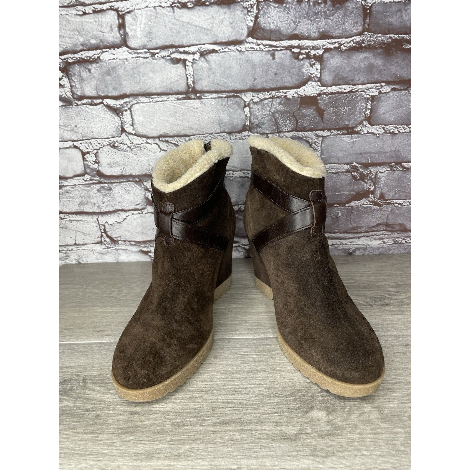 Aquatalia Aquatalia Brown Suede Faux Fur Strap Ankle Wedge Booties Wom Size US 10 / IT 40 - 2 Thumbnail