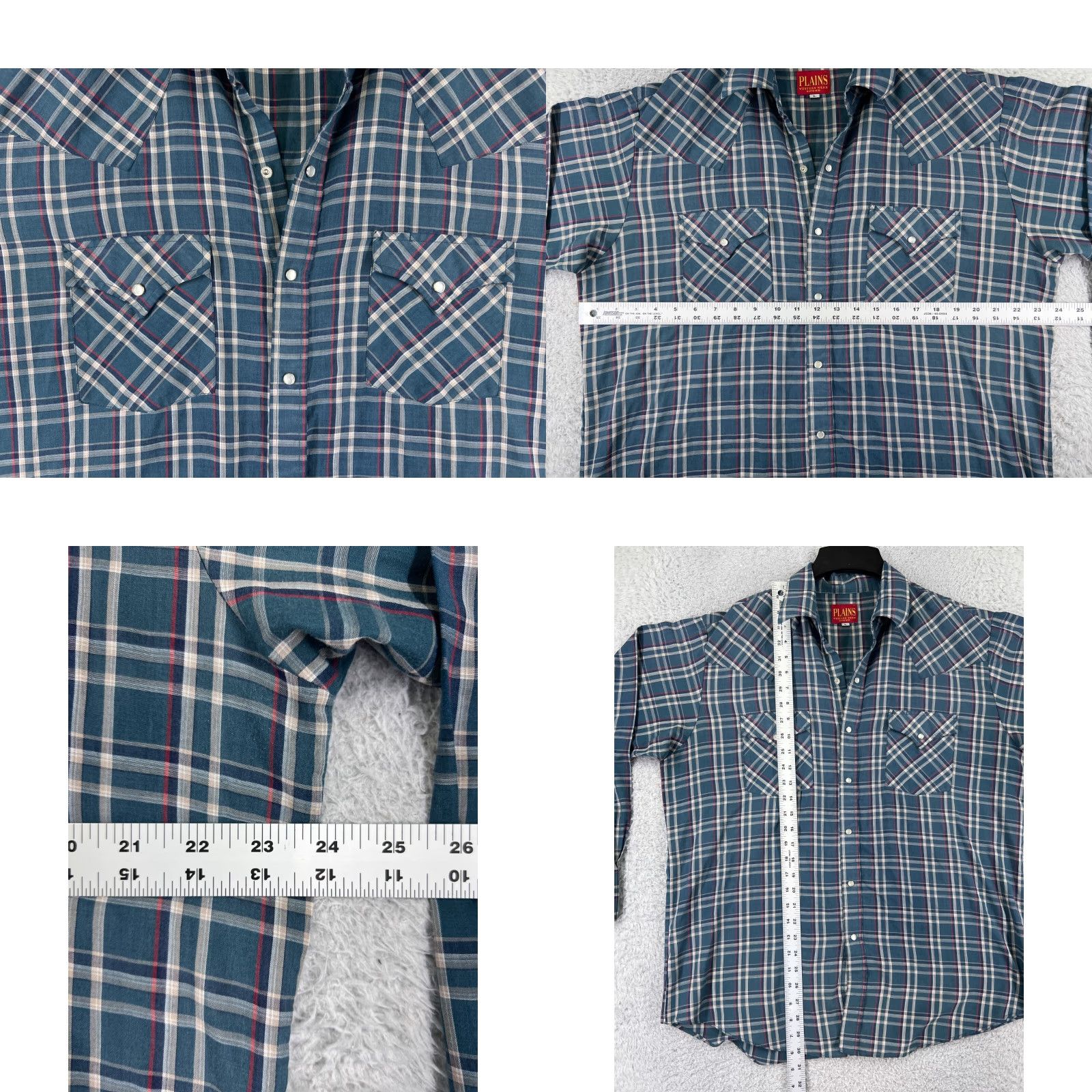 Vintage Plains Shirt Mens Large Blue Beige Plaid Pearl Snap Western Pockets Polyester Size US M / EU 48-50 / 2 - 8 Thumbnail