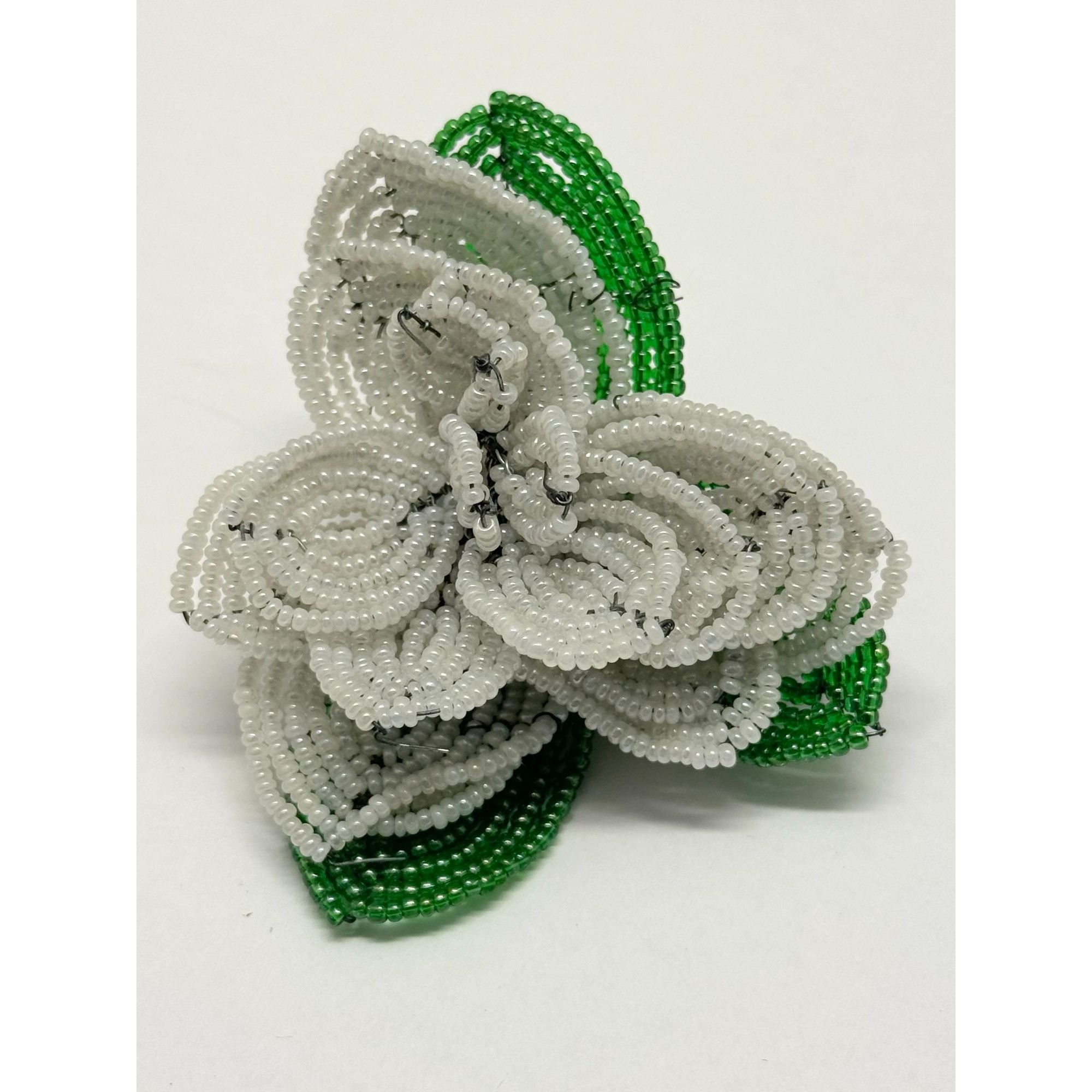 Vintage estate hand beaded white flower brooch pin