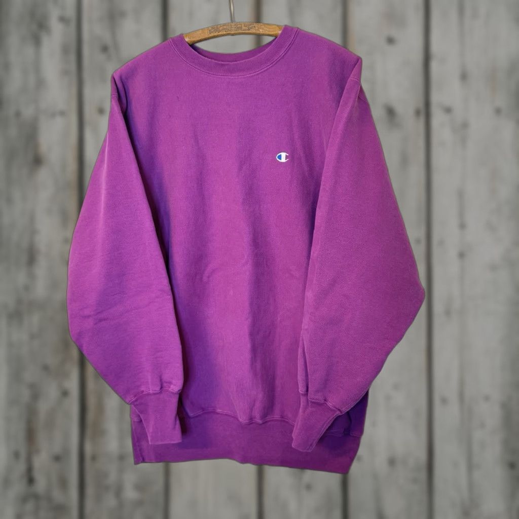 VINTAGE Champion Reverse Weave Sweatshirt 2XL Purple Heavyweight Crewneck Graphic Print 90s Mens