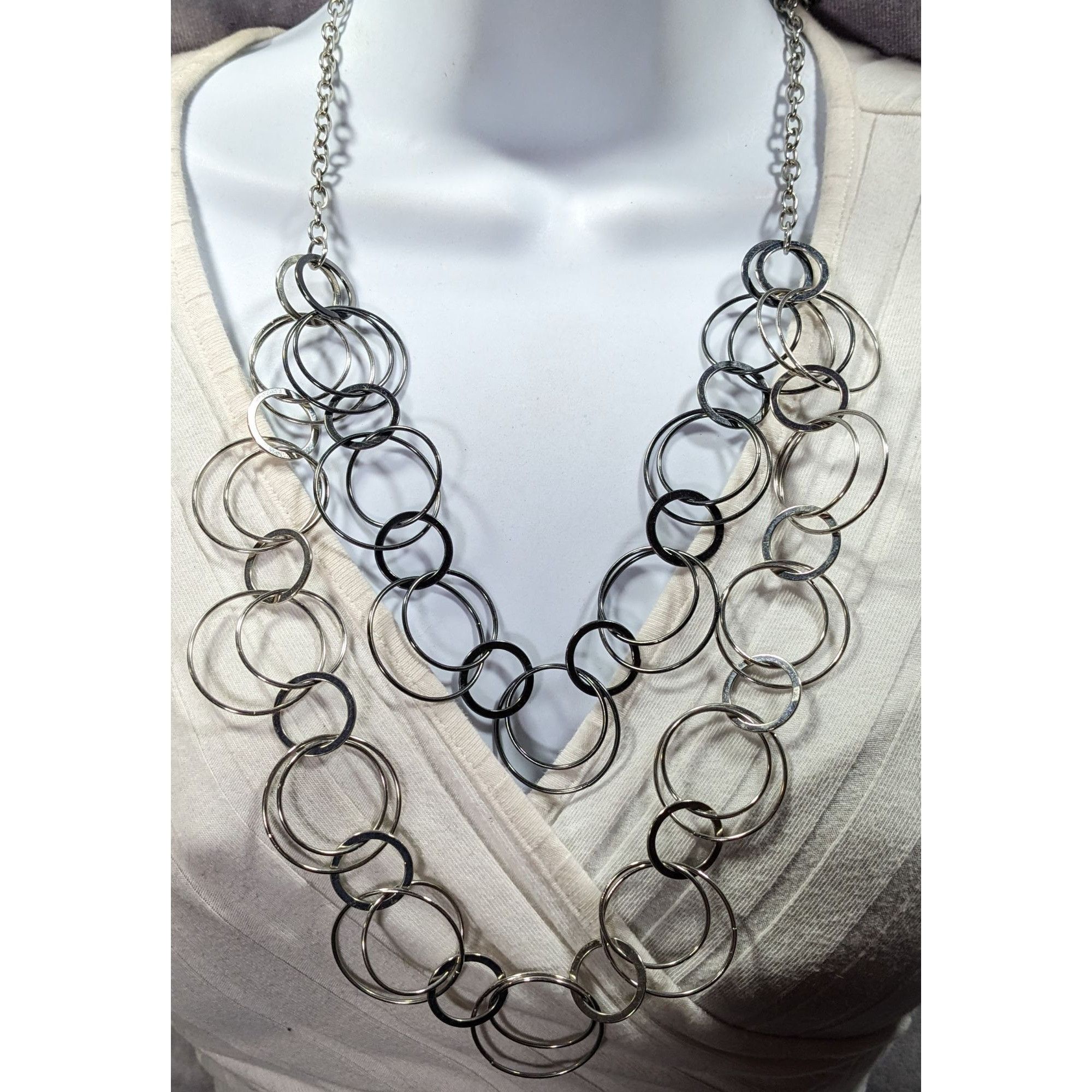 Other Modern Multilayer Silver Tone Ring Link Necklace Size ONE SIZE - 1 Thumbnail
