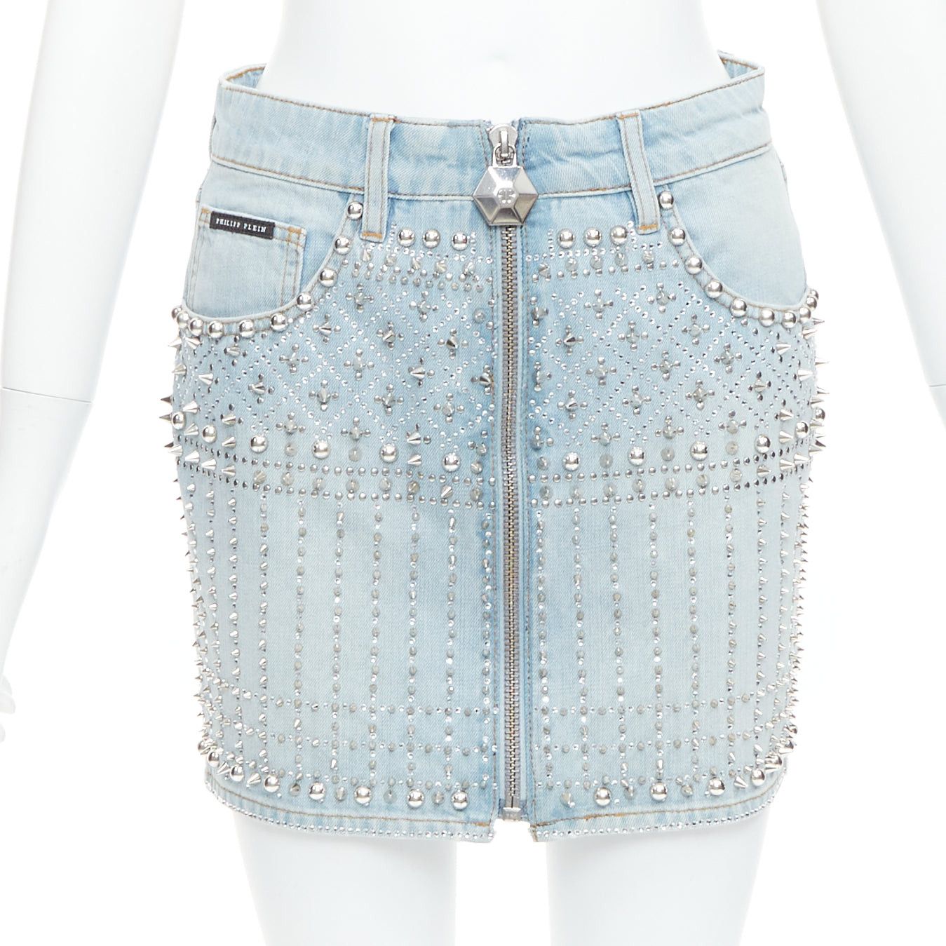 Philipp Plein PHILLIP PLEIN New Skirt blue cotton stud crystal front zip skirt 25" Size 25" / US 0 / IT 36 - 1 Thumbnail